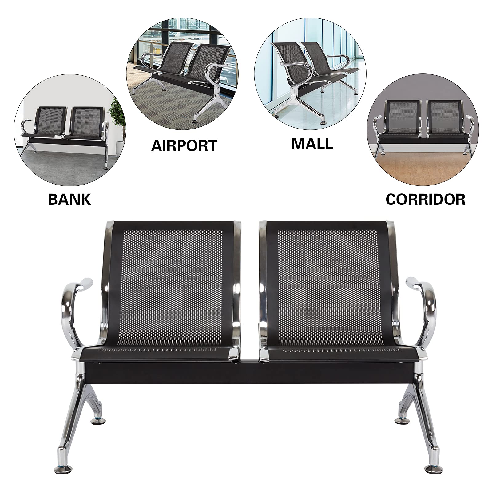 Kinfant 5-Seat Waiting Room Sofa Set - Office Reception Chairs with Armrests for Airport, Hospital, Bank & Lobby - Breathable Mesh Back & Durable Frame (Black) - Perfect for Commercial Spaces & Public Areas