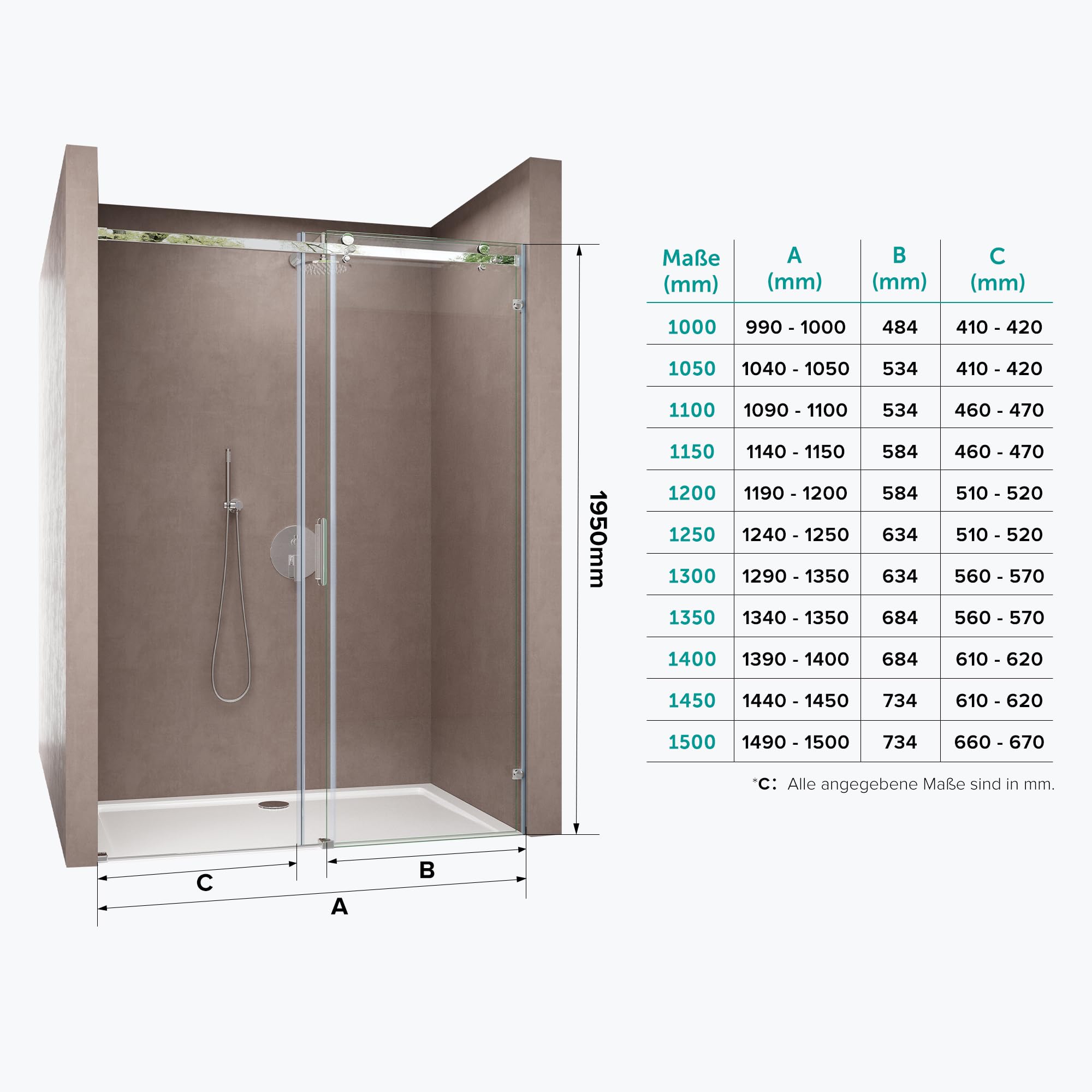 Doporro Frameless Shower Door 135x195cm Clear Tempered Glass with NANO Coating - 4-Point Mounting System for Bathroom Enclosure - Perfect for Modern Home & Spa Style Showers