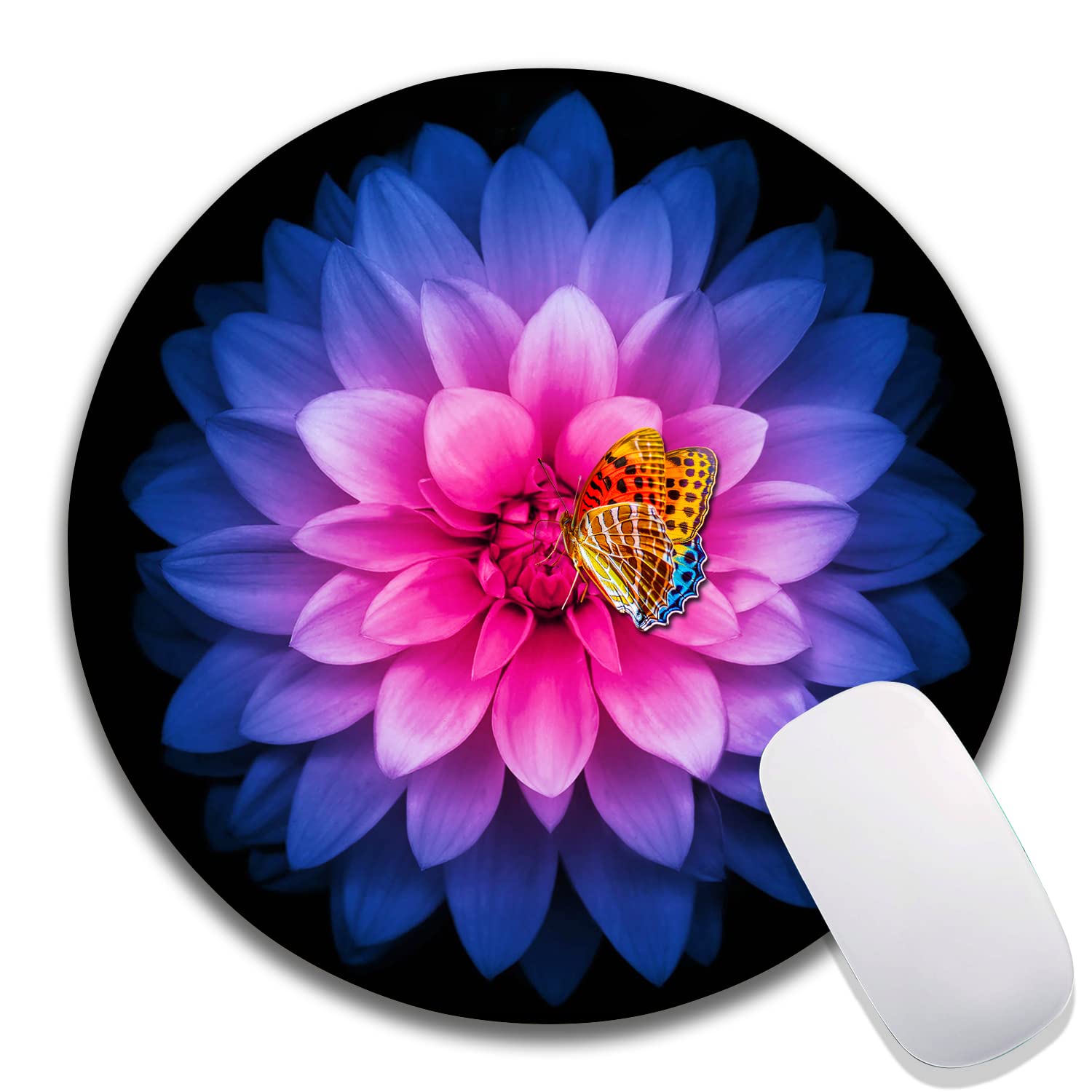 Premium Round Mouse Pad with Lotus Floral & Butterfly Design - Non-Slip Rubber Base, Washable Lycra Cloth - Custom Computer Mouse Mat for Wireless Mouse - Perfect for Office, Gaming & Home Workspace