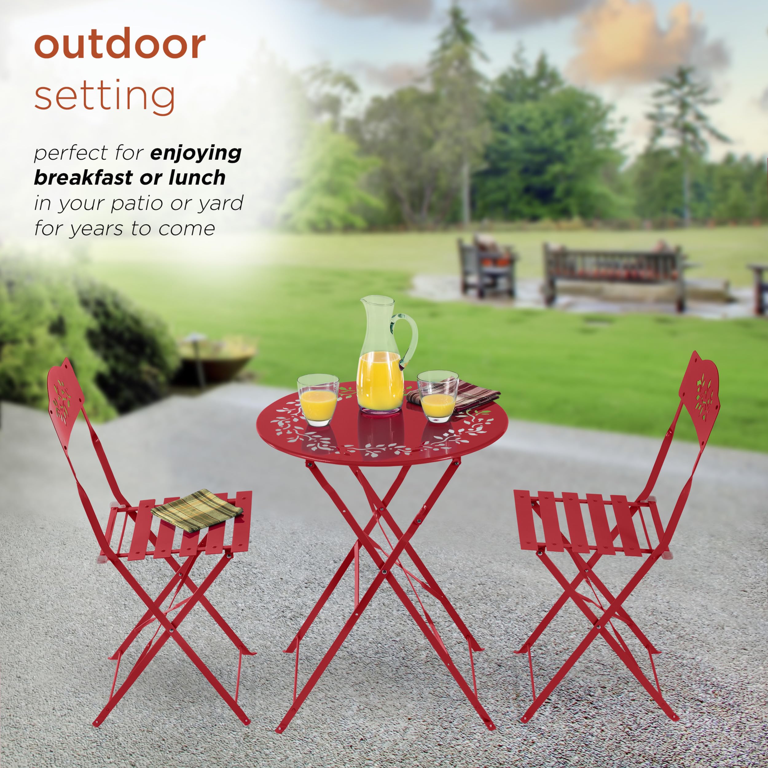 Alpine Corporation 3-Piece Bistro Set - Folding Table & Chairs for Indoor/Outdoor Use - Compact Patio Seating in Vibrant Red - Perfect for Small Balconies, Gardens, and Apartment Decks