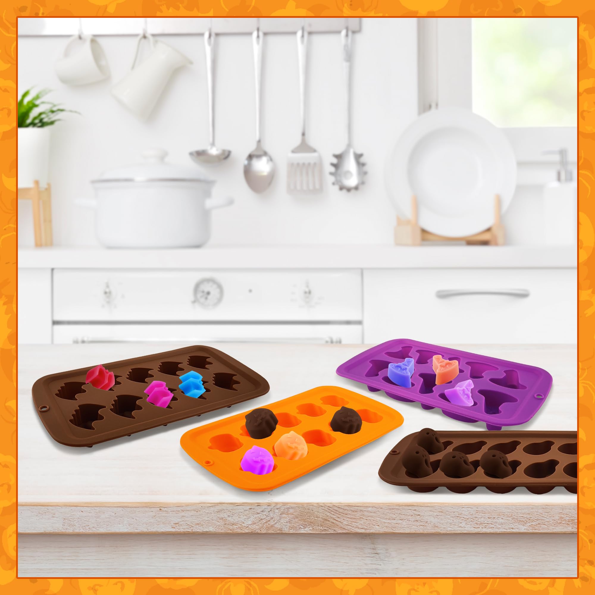 Halloween Candy Molds 4 Pcs - Silicone Chocolate Molds Set with Ghost, Pumpkin, Bat & Witch Hat Shapes - Perfect for DIY Halloween Treats, Party Favors & Home Baking Decorations