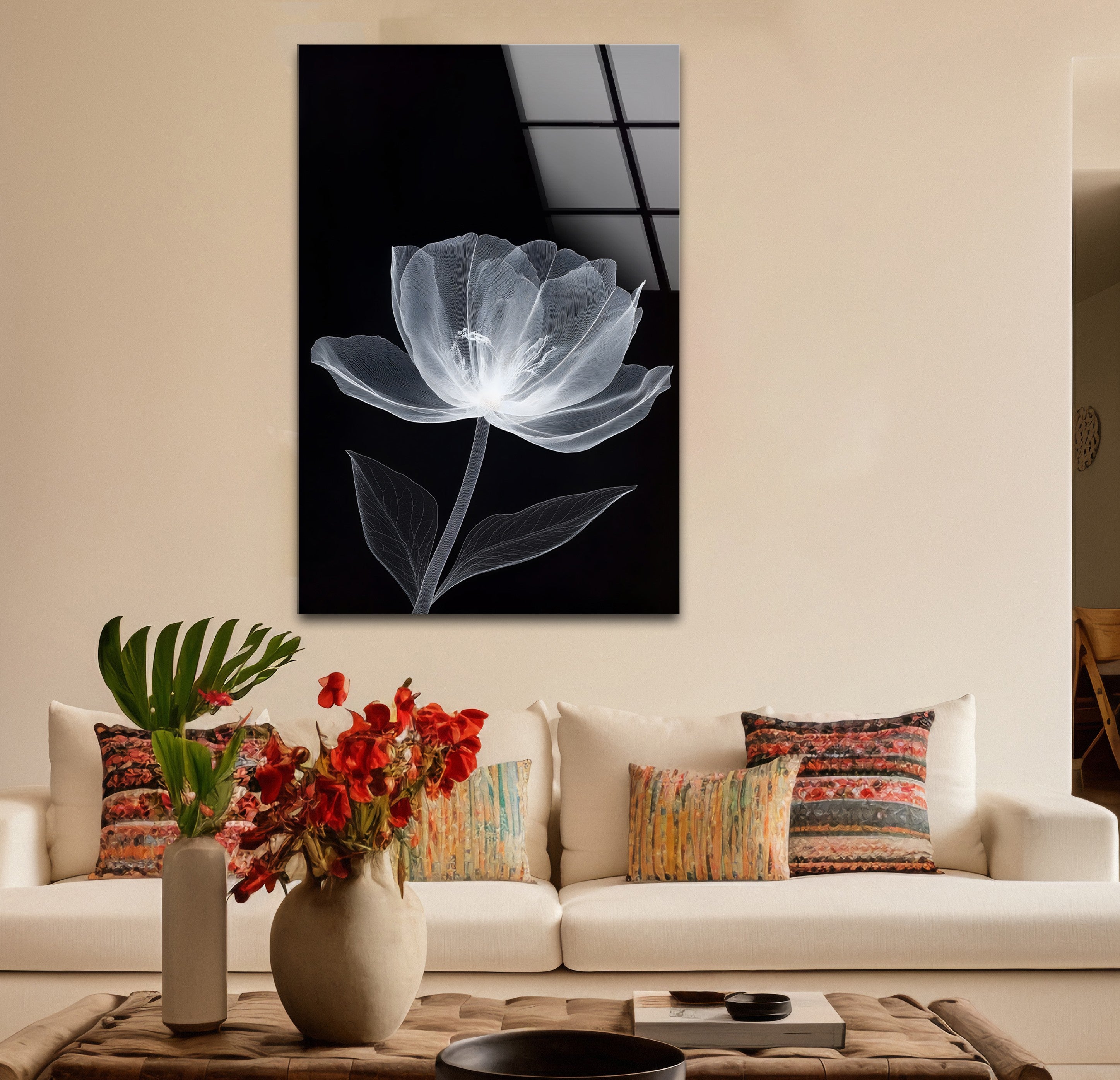 Black and White Minimal Floral Glass Wall Art - Modern Home Decor for Living Room, Bedroom & Office - Elegant Framed Glass Painting for Housewarming Gifts