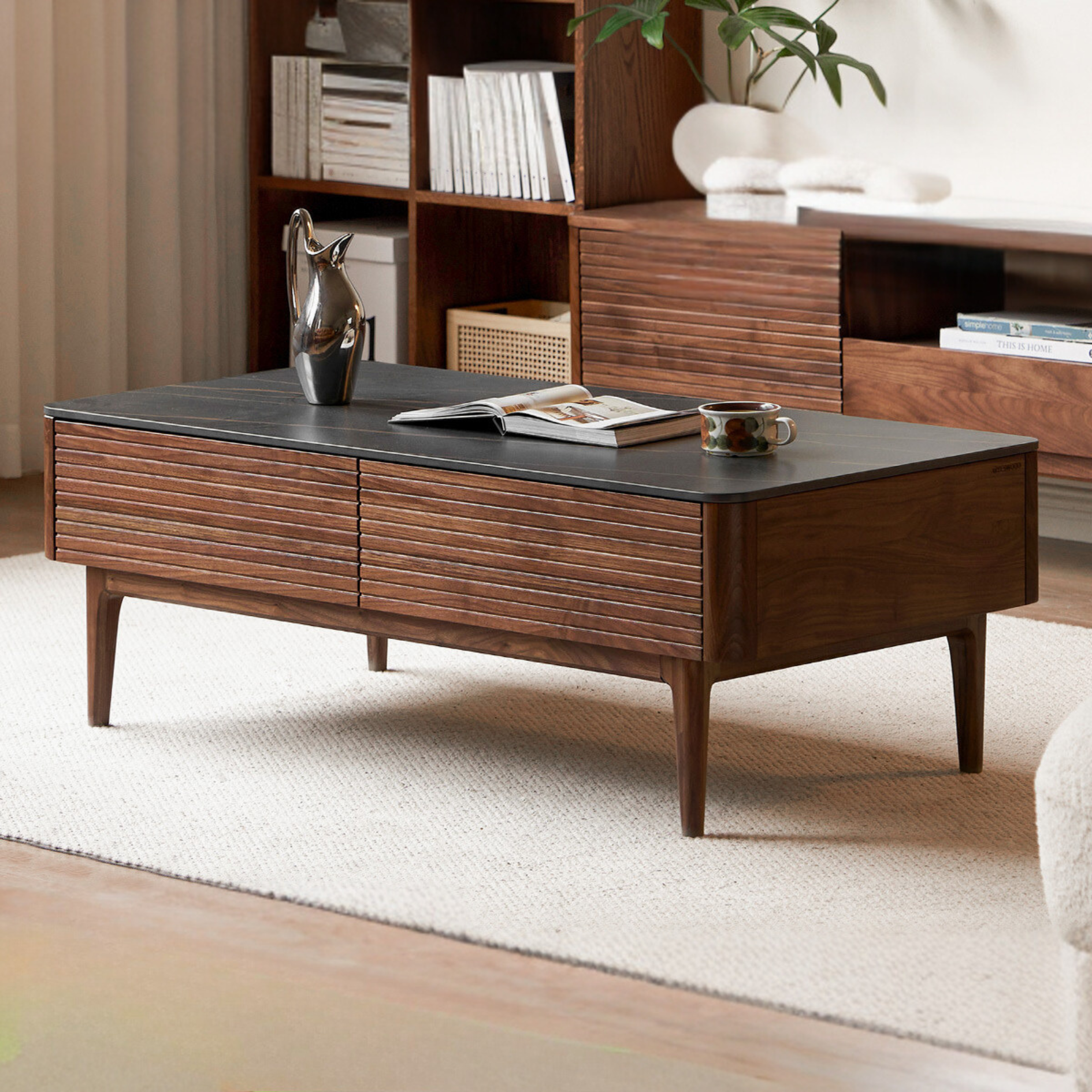 Solid Black Walnut Wood Coffee Table with Natural Slate Top - Perfect for Living Room, Lounge & Modern Home Decor