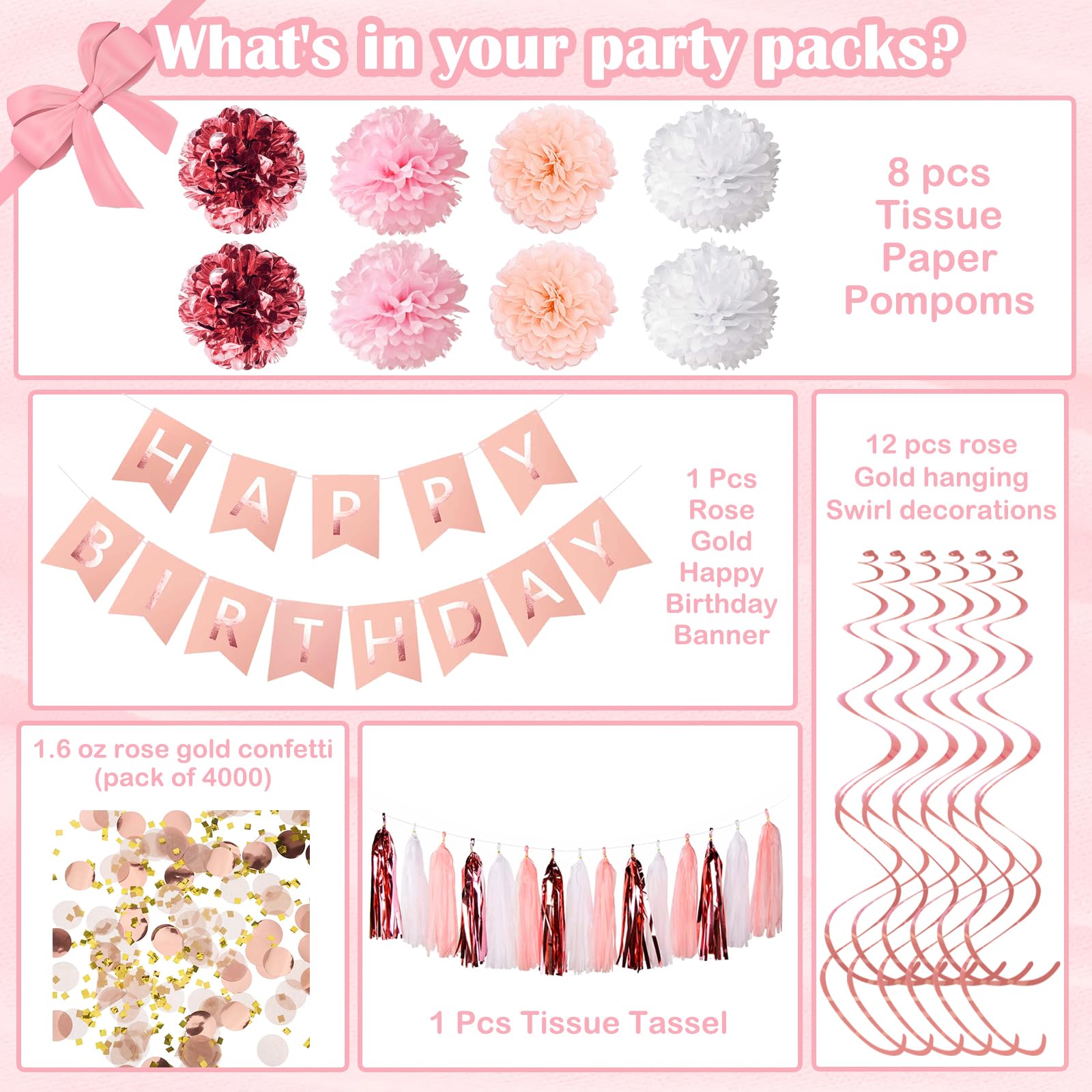 Elegant Rose Gold Birthday Decorations for Women - Happy Birthday Banner, Tissue Paper Pompoms, Hanging Swirls, Confetti & Tassels | Perfect for Women's Birthday Parties, Bridal Showers & Baby Showers