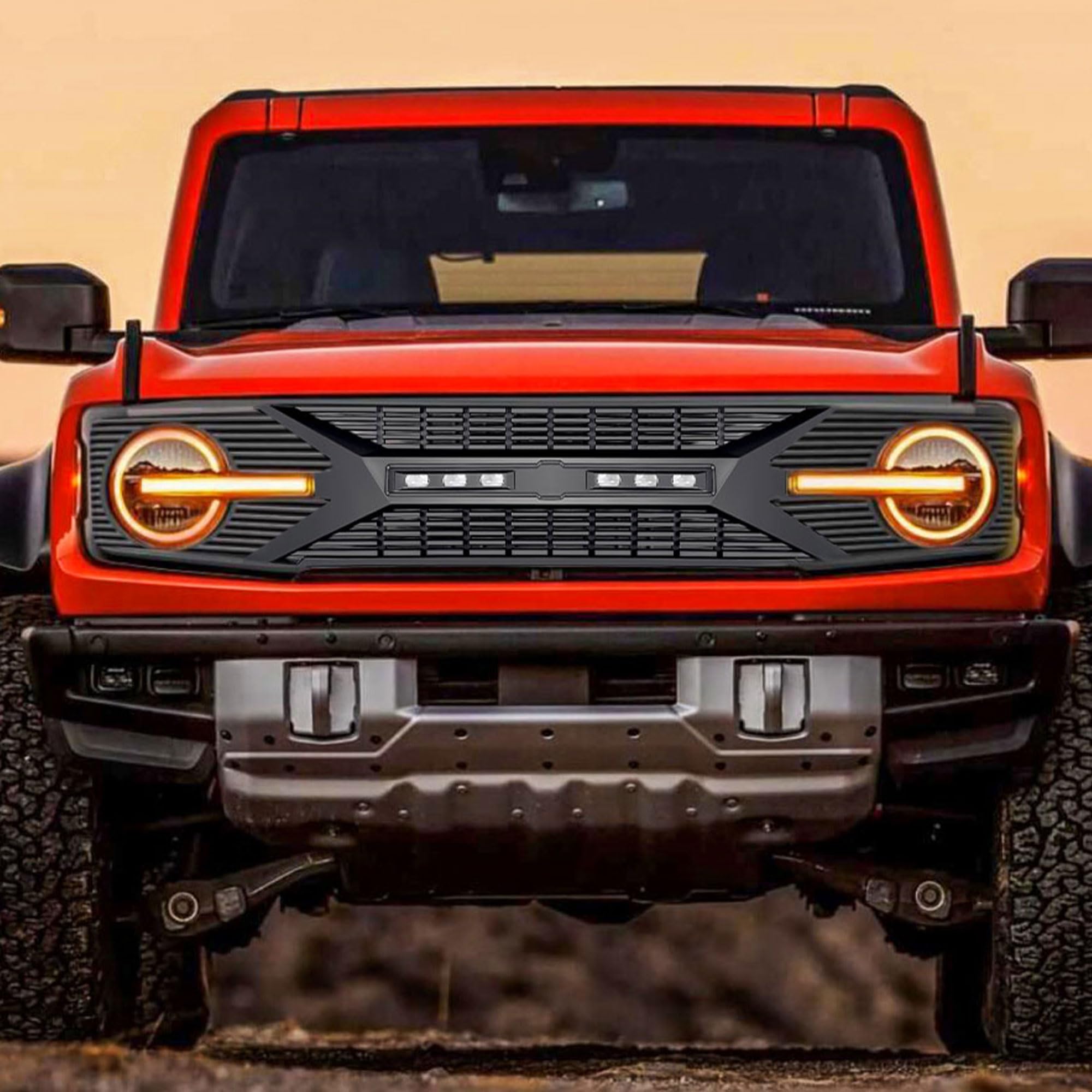 2021-2024 Ford Bronco 2 & 4 Door Matte Black Front Grille Replacement with Off-Road Lights & Camera Compatibility - Upgrade Your Bronco's Off-Road Style for Trail Adventures & Urban Driving