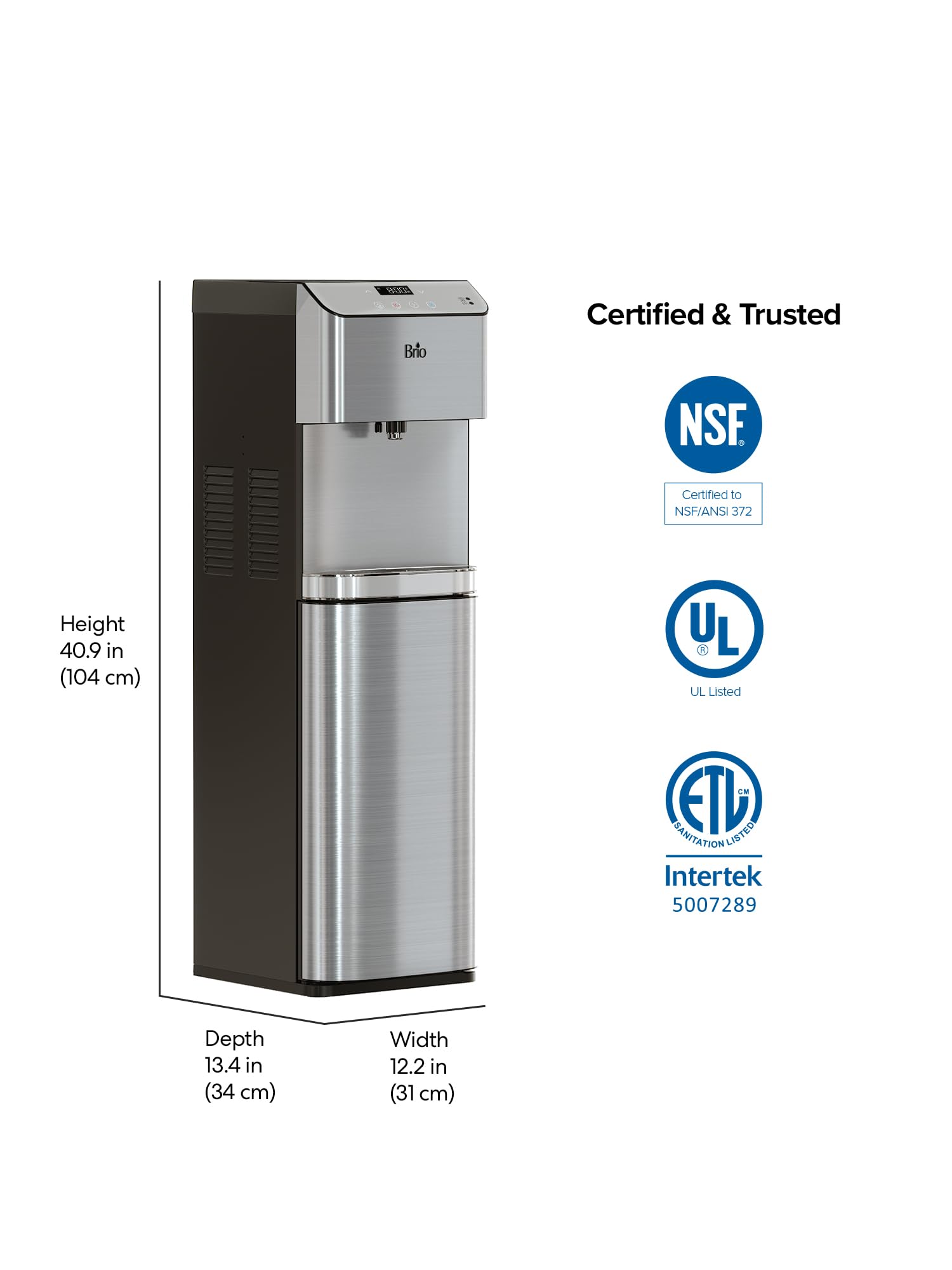 Brio Moderna Bottom Load Water Cooler Dispenser - 3 Temperature Settings, Adjustable Hot & Cold Water, Self-Cleaning Function, Touch-Free Dispensing, Child Safety Lock, Compatible with 3 & 5 Gallon Bottles, Digital Display with LED Light - Perfect for Home, Office, and Kitchen Use