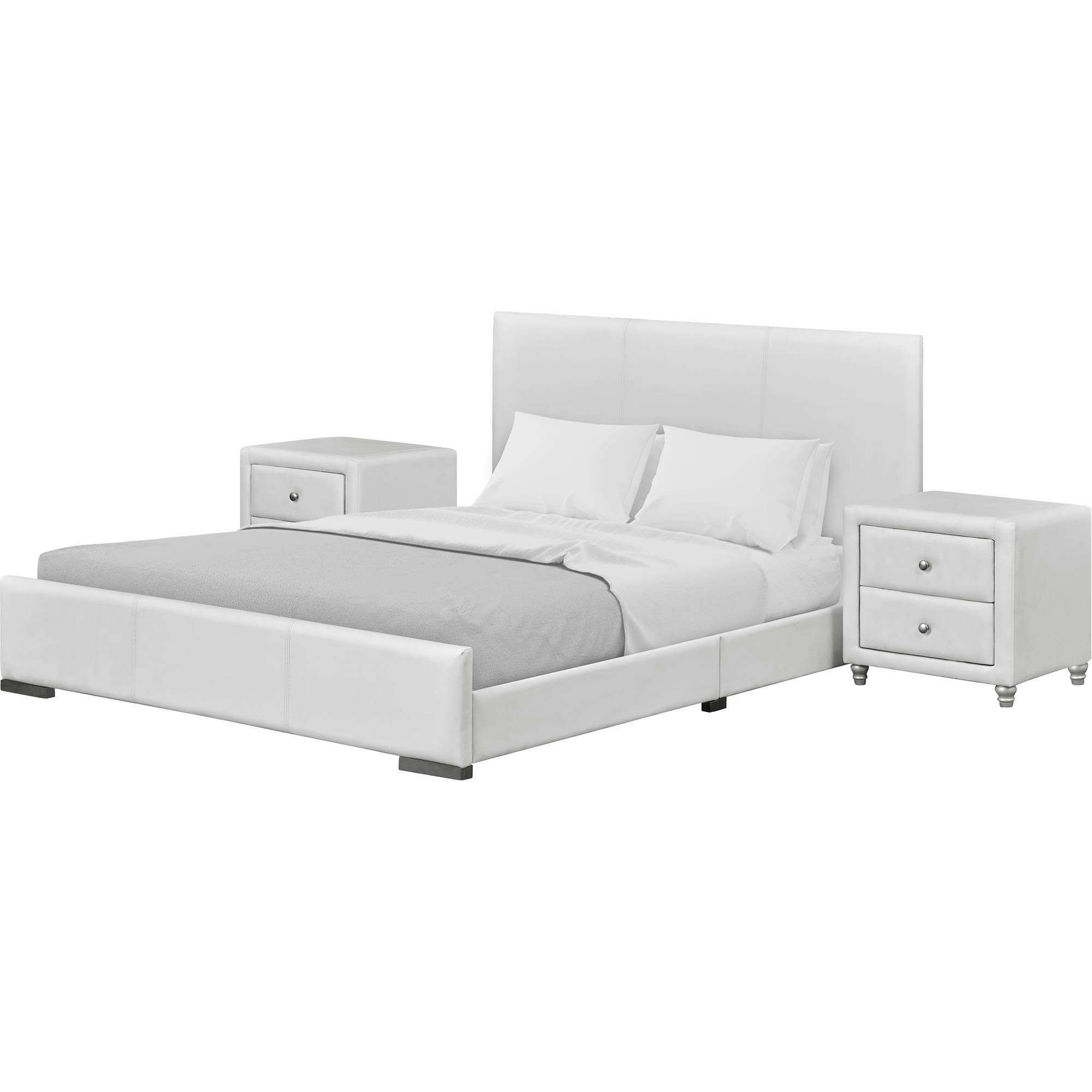 Camden Isle Hindes Upholstered Platform Bed with 2 Nightstands - Queen Size White Bed Frame for Master Bedroom & Guest Room