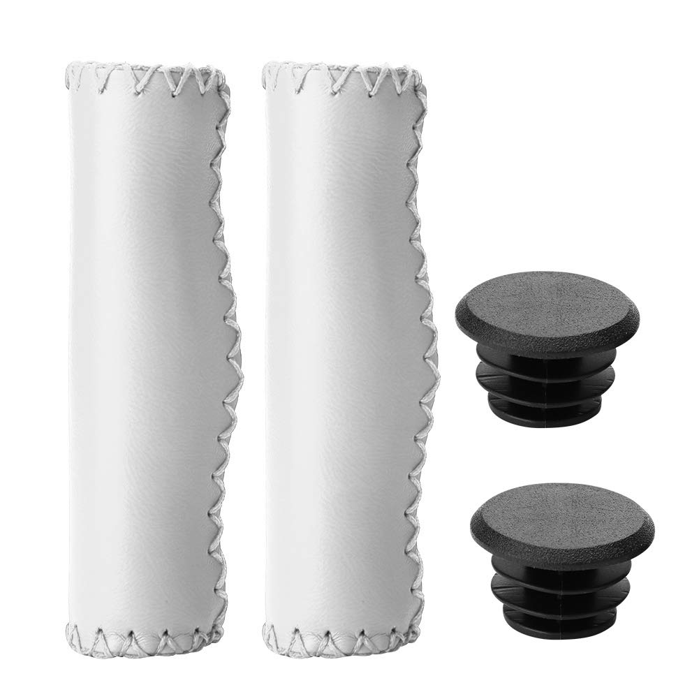 Premium PU Bike Grips - Hand-Stitched Comfortable Bicycle Handlebar Grips with End Plugs (White) | Ideal for Mountain Bikes, Road Bikes & Commuting | Non-Slip & Shock-Absorbing Cycling Accessories