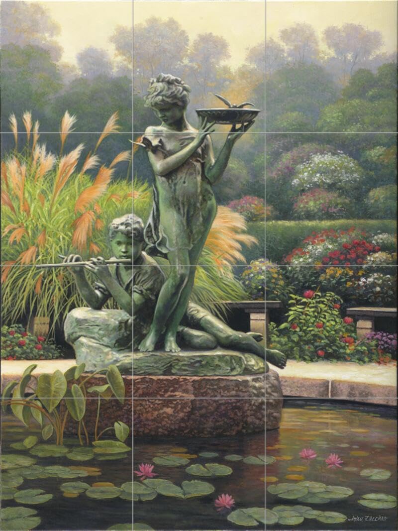 Ceramic Backsplash Tile Mural - Beautiful Garden Landscape Design for Kitchen, Bathroom & Shower - The Fountain by John Zaccheo - Perfect for Home Renovation, DIY Projects & Interior Decor