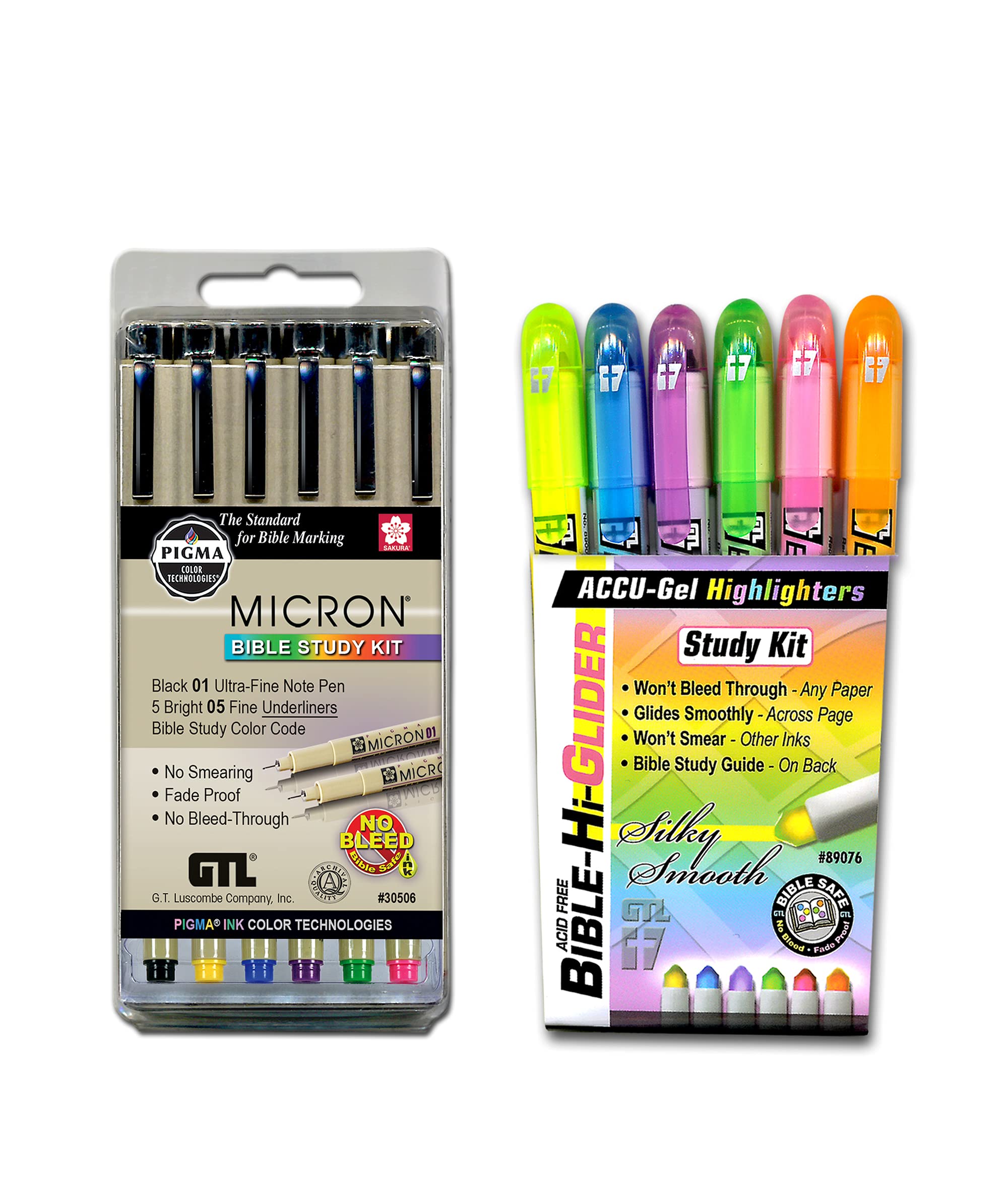 G.T. Luscombe Deluxe No Bleed Bible Study Kit with Accu-Gel Highlighter & Pigma Micron Pens (01 Fine & 05 Medium) - Perfect for Scripture Marking, Note Taking & Devotional Study | New Packaging