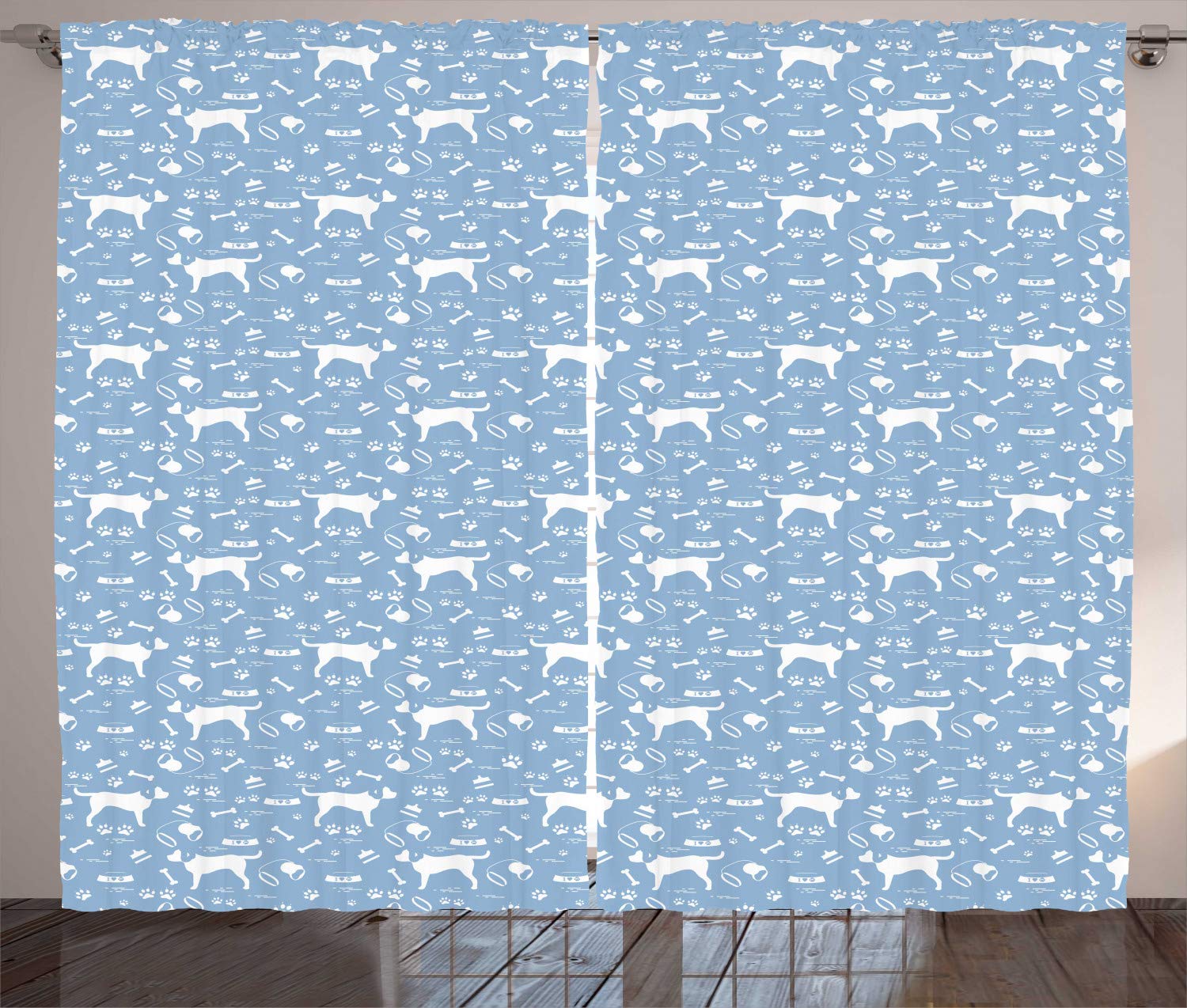 Ambesonne Rottweiler Dog Curtains - Doodle Style Bone Bowl & Collar Design - 2 Panel Window Drapes for Living Room & Bedroom - 108