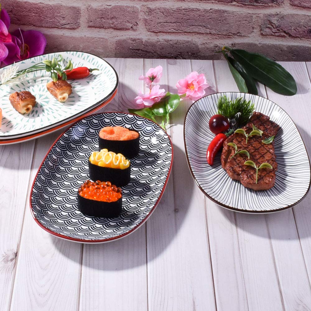 Premium Japanese Porcelain Sushi Plate Set - 4 Glazed Ceramic Dinner Plates 9.4 Inch Oval Fish Plates for Sushi, Appetizers & Asian Cuisine - Elegant Tableware for Restaurants, Home Dining & Parties