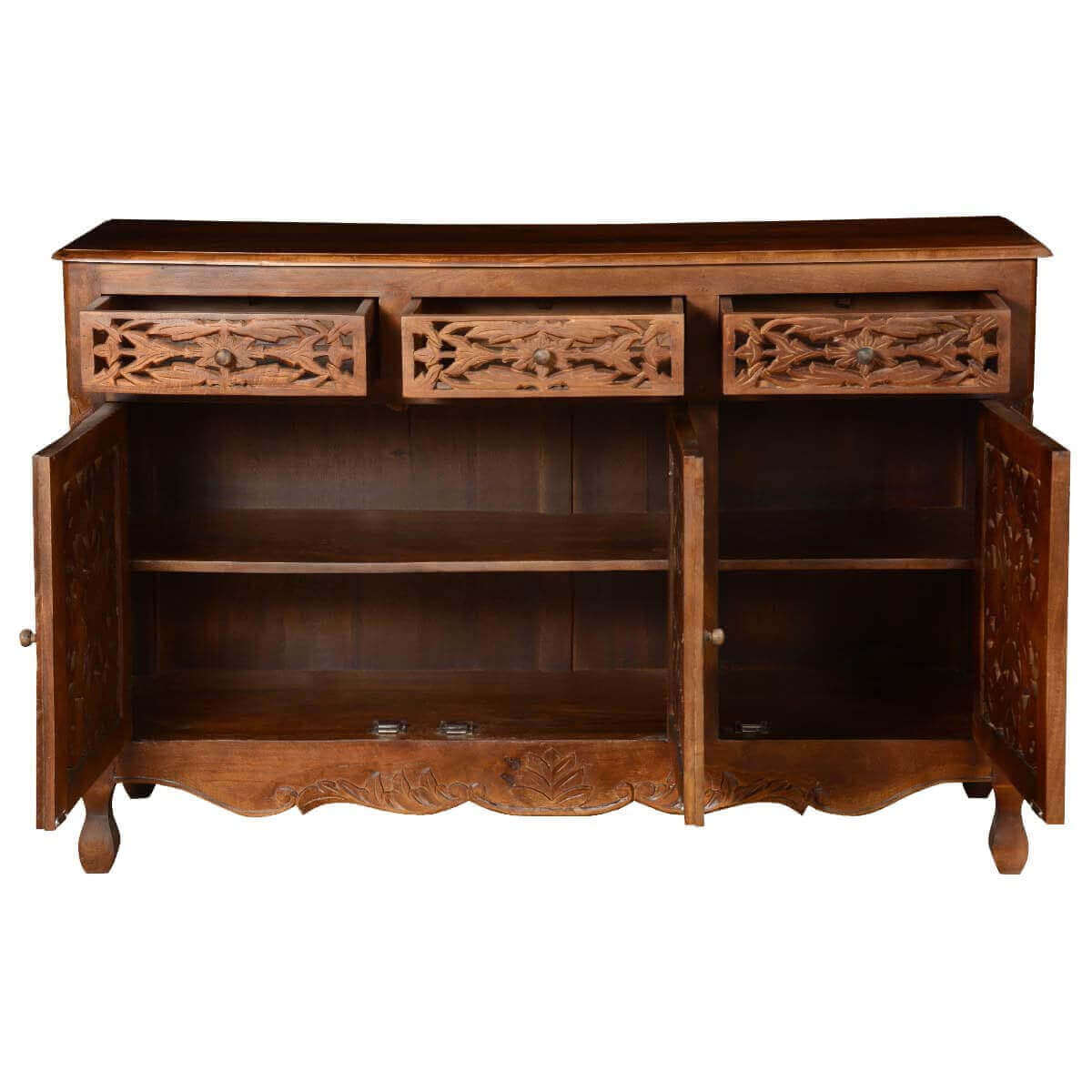 Hand Carved Buffet Table in Natural Finish | Solid Wood 3-Door Sideboard with Drawers for Dining Room Storage & Display