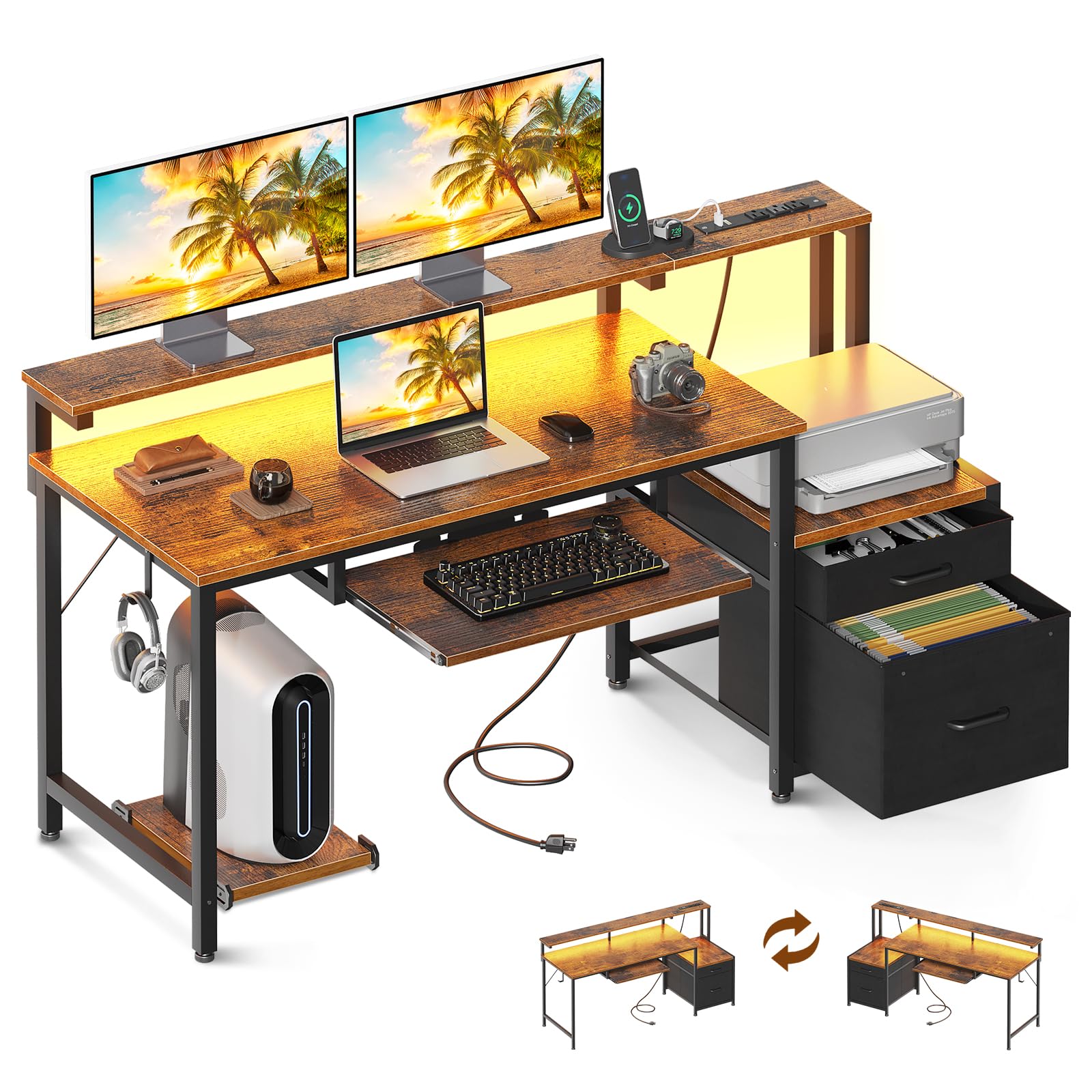 AODK 55 Inch Modern Computer Desk with Fabric File Cabinet & Drawers - Reversible Office Desk with Built-in Power Outlet & LED Lighting - Study Desk with Printer Stand, Keyboard Tray & Monitor Riser - Vintage Style Home Office Furniture for Small Spaces & Gaming Setups