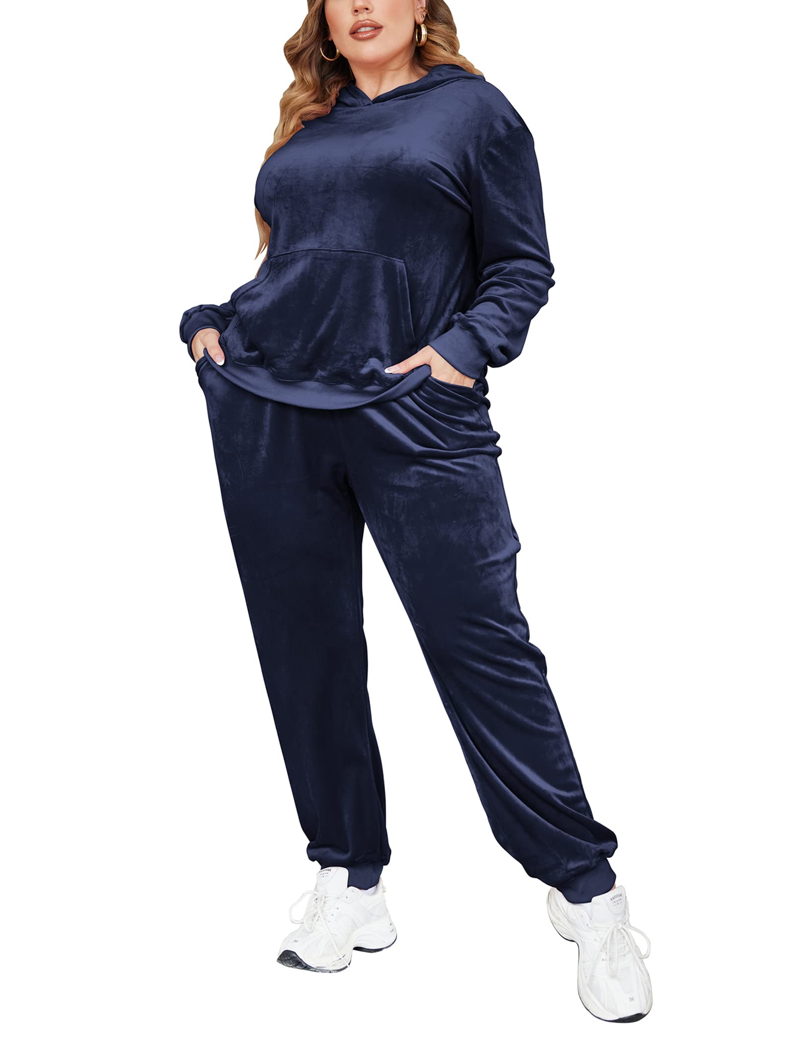 IN'VOLAND Plus Size Women's 2-Piece Velour Tracksuit Set with Hoodie & Sweatpants (with Pockets) - Cozy Lounge Wear for Home, Gym, and Casual Outings