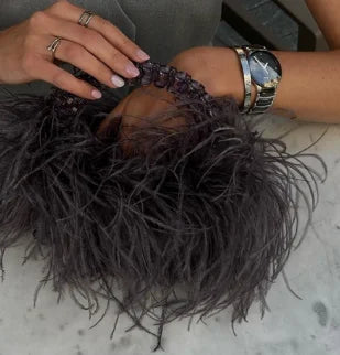 Handmade Designer Pearl Bead Bag with Feather Fur Trim - Elegant Acrylic Crystal Stone Evening Tote Clutch for Women | Perfect for Parties, Weddings & Special Occasions