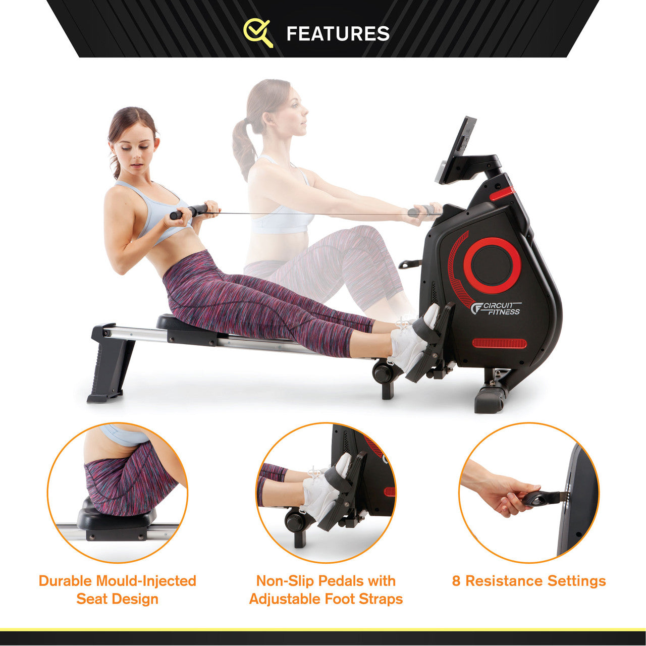 Foldable Rowing Machine with Magnetic Resistance & Bluetooth - Portable Home Gym Equipment for Full Body Workout | Perfect for Small Spaces & Cardio Training | Circuit Fitness AMZ 979RW BT