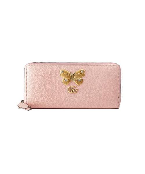 Gucci GG Leather Zip Around Wallet in Light Pink with Butterfly Design - Perfect for Women's Everyday Use & Gift Giving