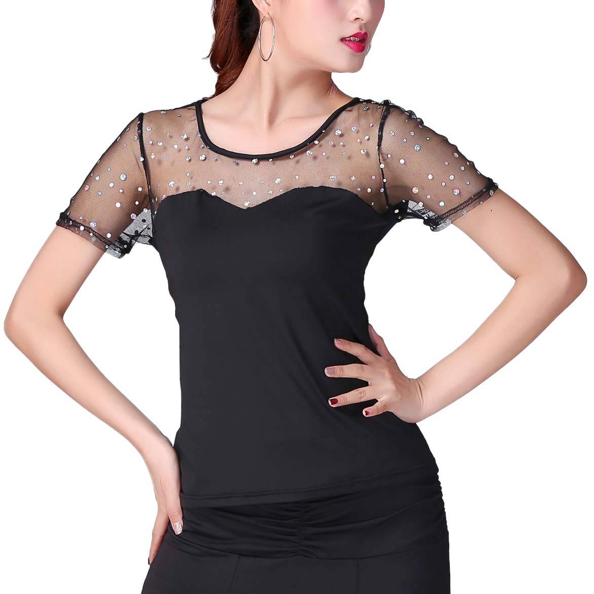 Elegant White Sweetheart Ballroom Latin Dance Top with Sequin Details - Short Sleeve Practice Shirt for Women | Perfect for Salsa, Tango & Competitive Dance Performances