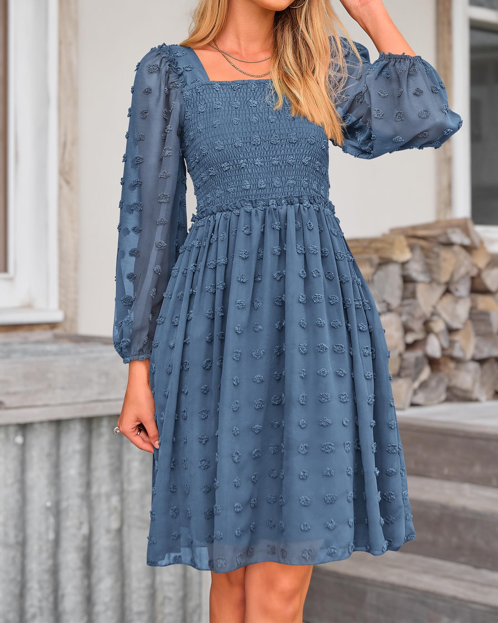 BTFBM Women's Square Neck Smocked Floral Swiss Dot Mini Dress - Long Sleeve Boho Wedding Guest Dress for Spring Summer 2025 | Perfect for Garden Parties, Bridal Showers & Date Nights