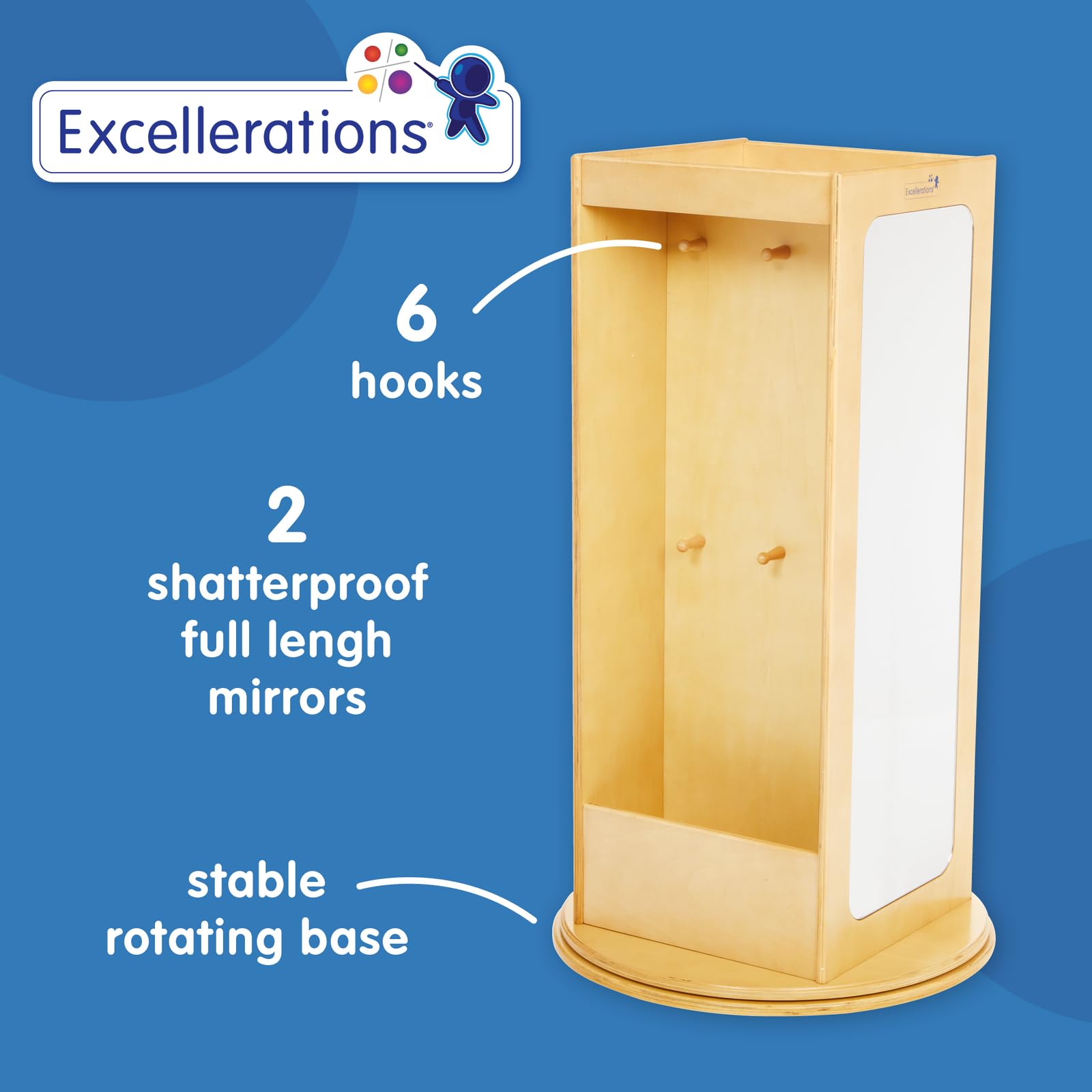 Excellerations Kids Spinning Dress Up Storage Organizer - Rotating Costume Play Unit with Cubbies, Hooks & Mirror - Perfect for Pretend Play, Imaginative Play & Playroom Organization - Great for Birthday Parties, Dress-Up Games & Preschool Classrooms