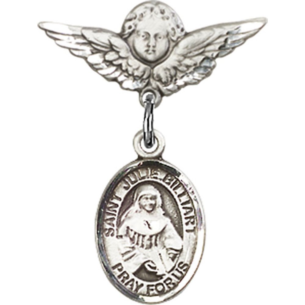 St. Julie Billiart Sterling Silver Baby Badge with Angel Wing Charm - 7/8 X 3/4 Inch Religious Pin - Perfect for Baptism, Christening & First Communion Gifts