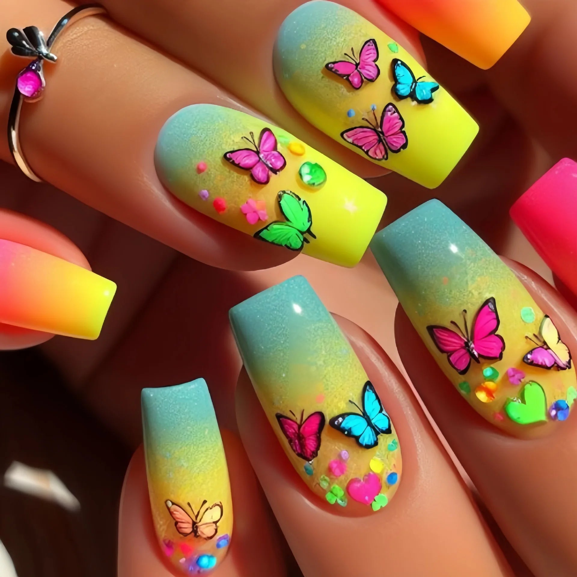 24Pcs Colorful Butterfly Press On Nails - Medium Length Square Acrylic Fake Nails for Women, Ballet Style Fashion Nail Tips | Perfect for Parties, Weddings, Date Nights & Special Occasions