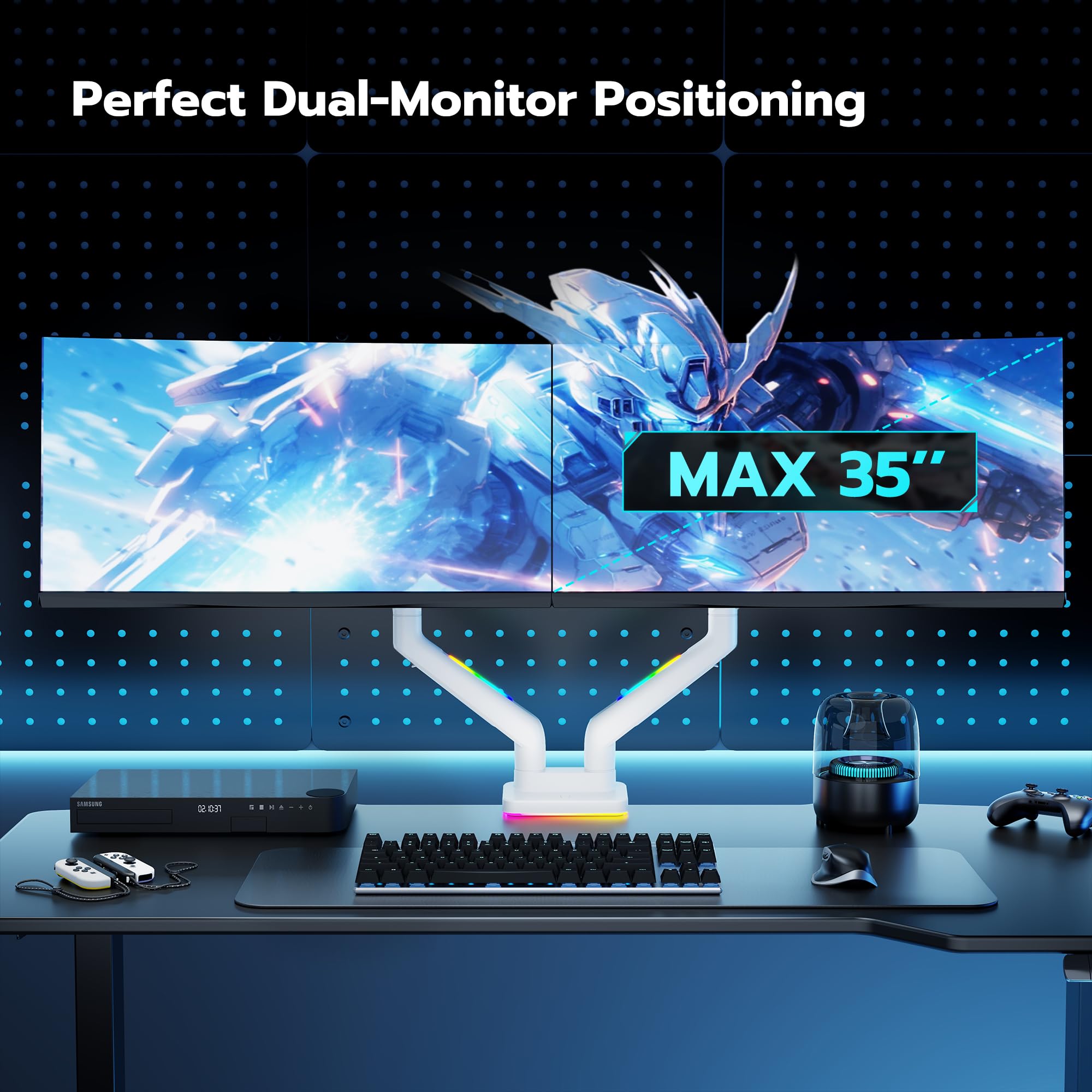 ARES WING Dual Monitor Stand for 17-35 Inch Screens - Heavy Duty Adjustable Gas Spring Monitor Arm with RGB Lighting, 44 lbs Capacity, 75/100 VESA Mount (Clamp/Grommet Base, White) - Perfect for Home Office, Gaming Setup & Workspace Ergonomics