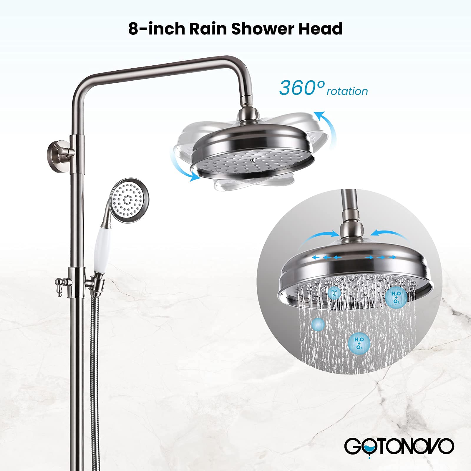 Gotonovo 8 Inch Round Rain Shower Head with Handheld Sprayer - 3 Function Brushed Nickel Wall Mount Bathroom Faucet Mixer for Tub & Shower - Perfect for Modern Bathrooms, Spa-Like Experience, and Water-Saving Showers