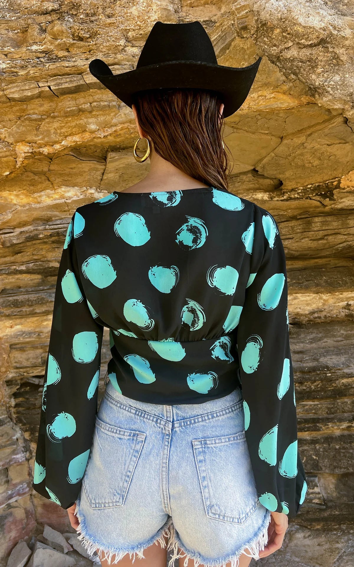 Joanie Tie Top - Green on Black Dot Floral Print Women's Blouse for Casual Wear, Office & Date Night