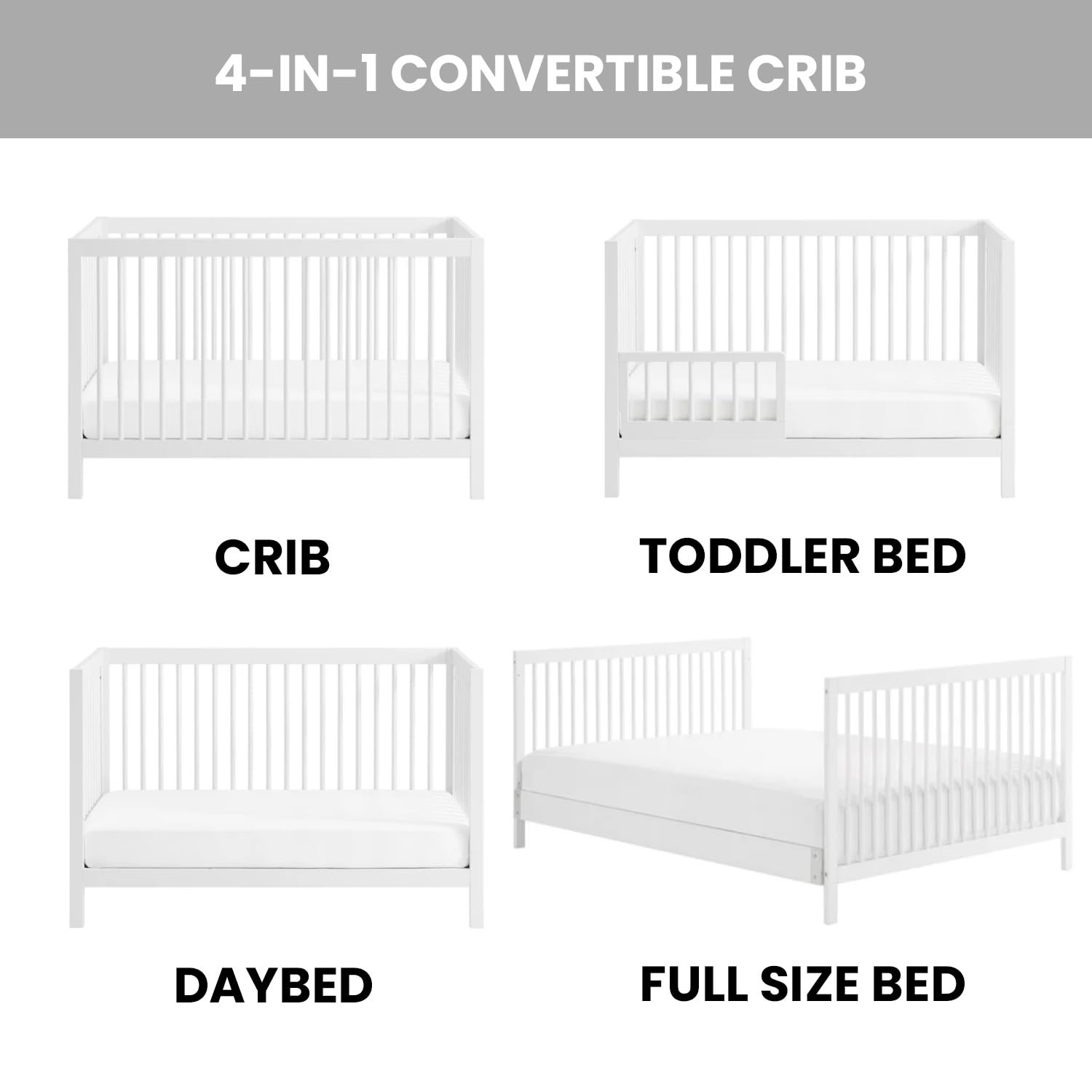 Oxford Baby Essentials Island Full Size 4-in-1 Convertible Baby Crib with Round Spindles, White - Safe Nursery Furniture for Newborns & Toddlers | Perfect for Bedrooms & Daycare Centers