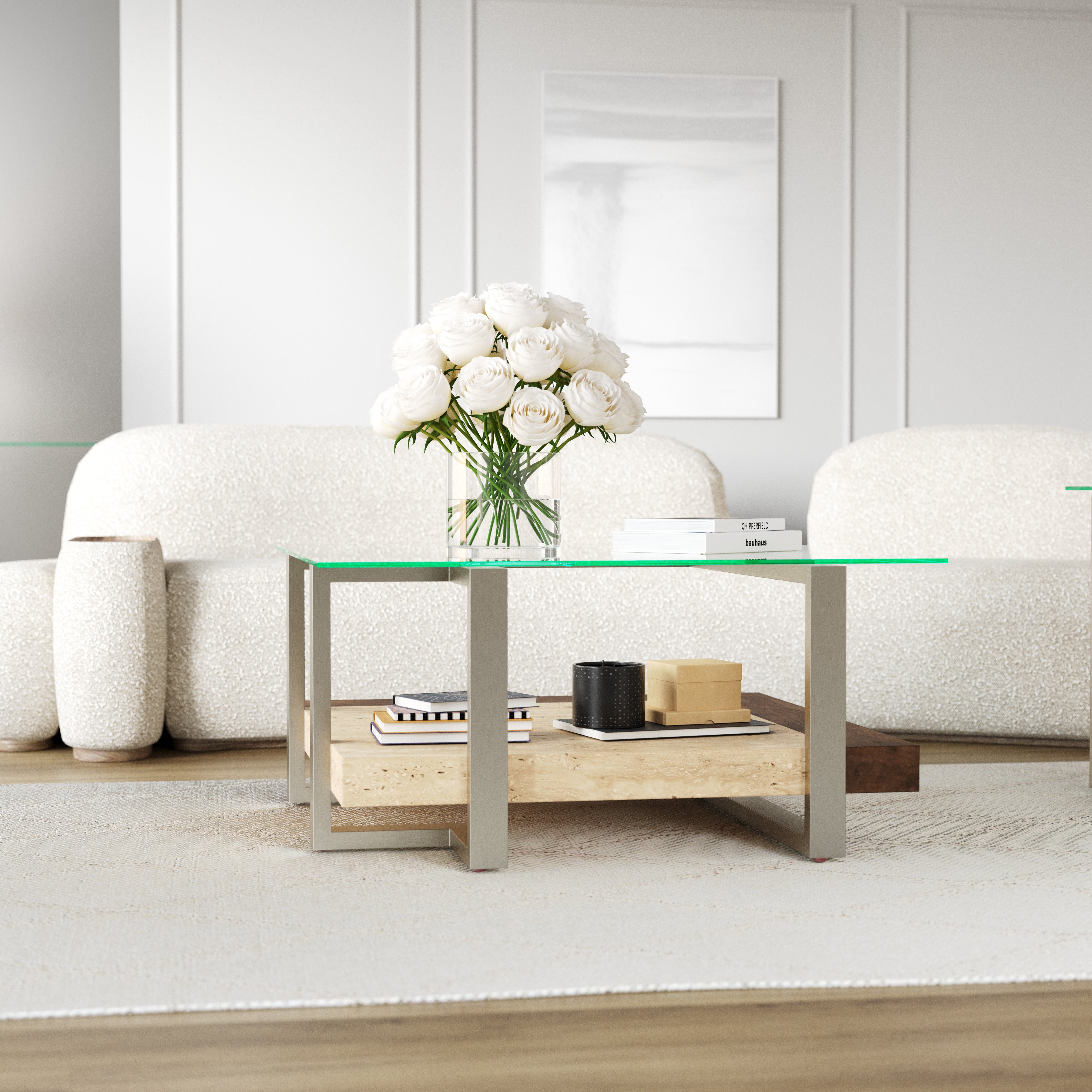 Roundhill Furniture Andes Glass Square Coffee Table with Marble Shelf - Polished Nickel Finish - Modern Living Room Centerpiece for Home & Office Decor