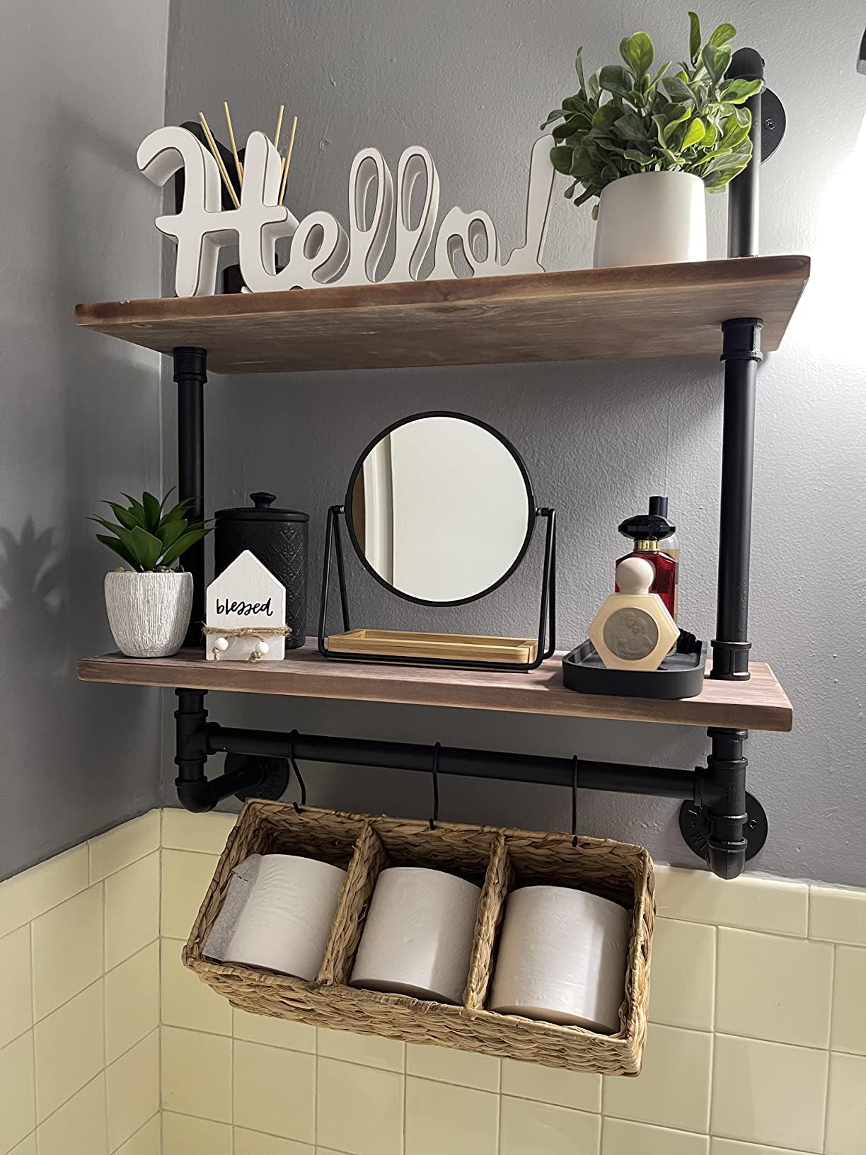 ROGMARS 19.7 Inch Rustic Wood Floating Shelves with Towel Bar - Industrial Pipe Wall Shelf for Bathroom, Farmhouse Decor - Space Saving Over Toilet Storage for Towels, Plants & Decor Items