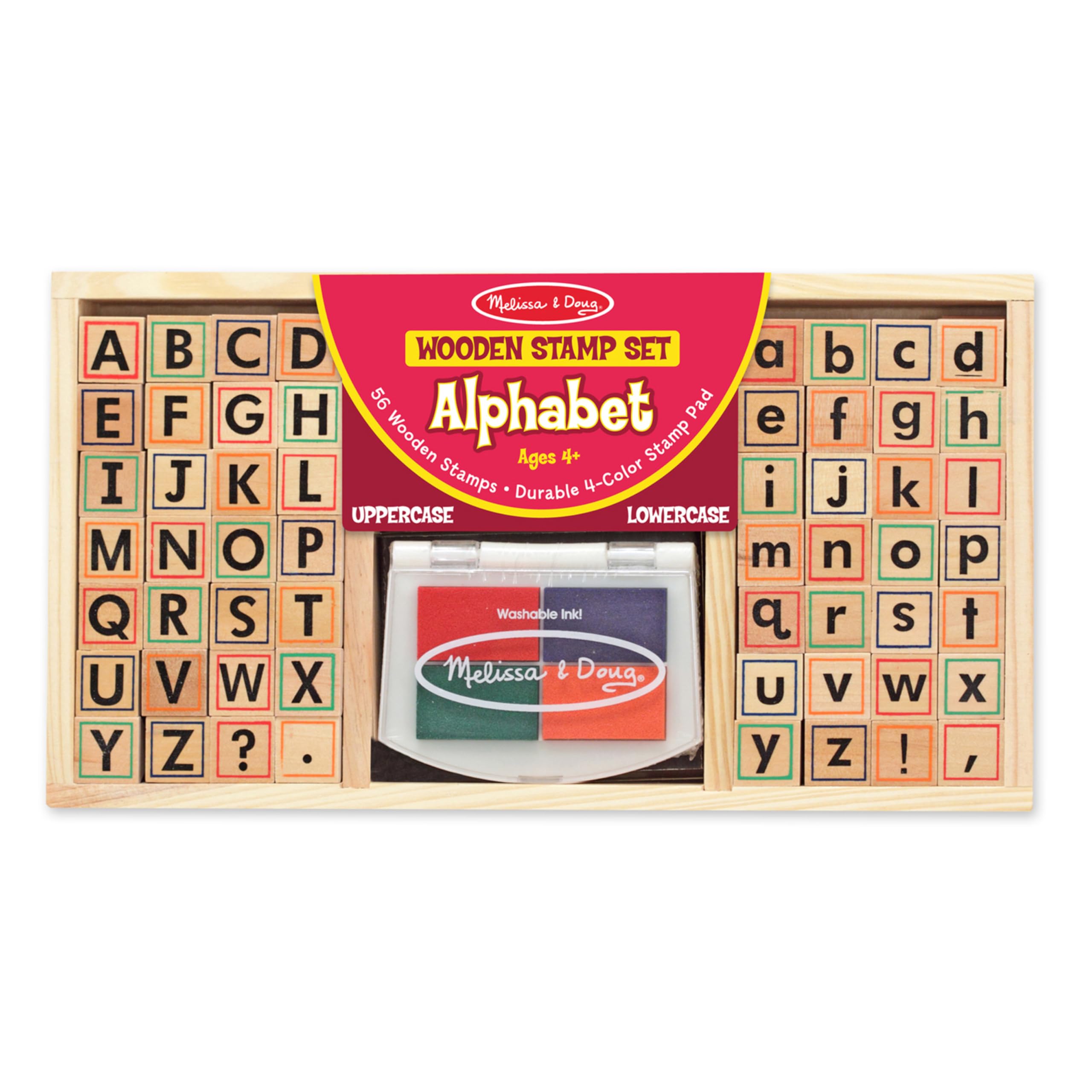 Melissa & Doug Wooden Alphabet Stamp Set - 56 Lowercase & Uppercase Letter Stamps for Kids Ages 4+, ABC Learning Toys, Preschool Writing Practice, Arts & Crafts Supplies for Homeschool & Classroom Activities