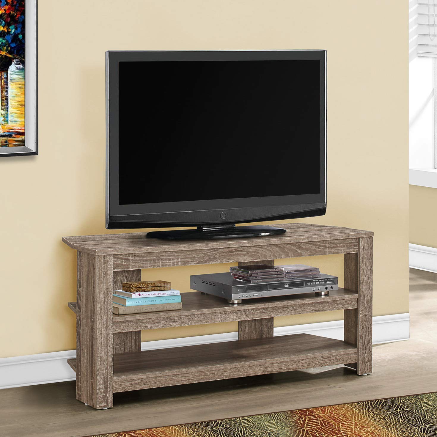 Monarch Specialties I 2569 42-Inch TV Stand Console - Modern Brown Laminate Media Entertainment Center with Storage Shelves for Living Room & Bedroom - Perfect for Home Theater Setup & Small Space Organization