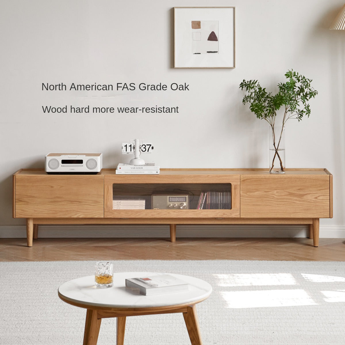 Solid Oak Wood TV Stand with Flip Door - Rustic Floor TV Cabinet for Living Room, Bedroom & Home Theater Storage