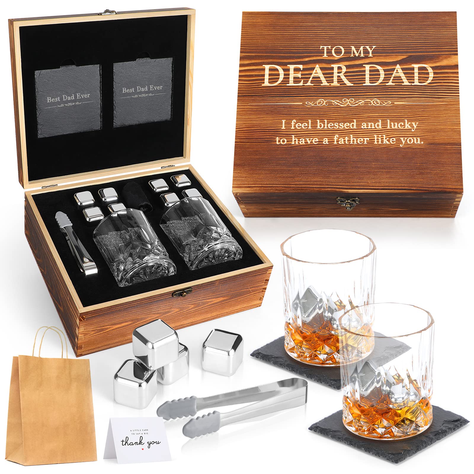 Whiskey Stones Gift Set for Men - Stainless Steel Bourbon Chilling Rocks for Dad, Perfect Birthday, Father's Day & Anniversary Gift from Daughter, Son or Wife - Ideal for Home Bars & Whiskey Enthusiasts