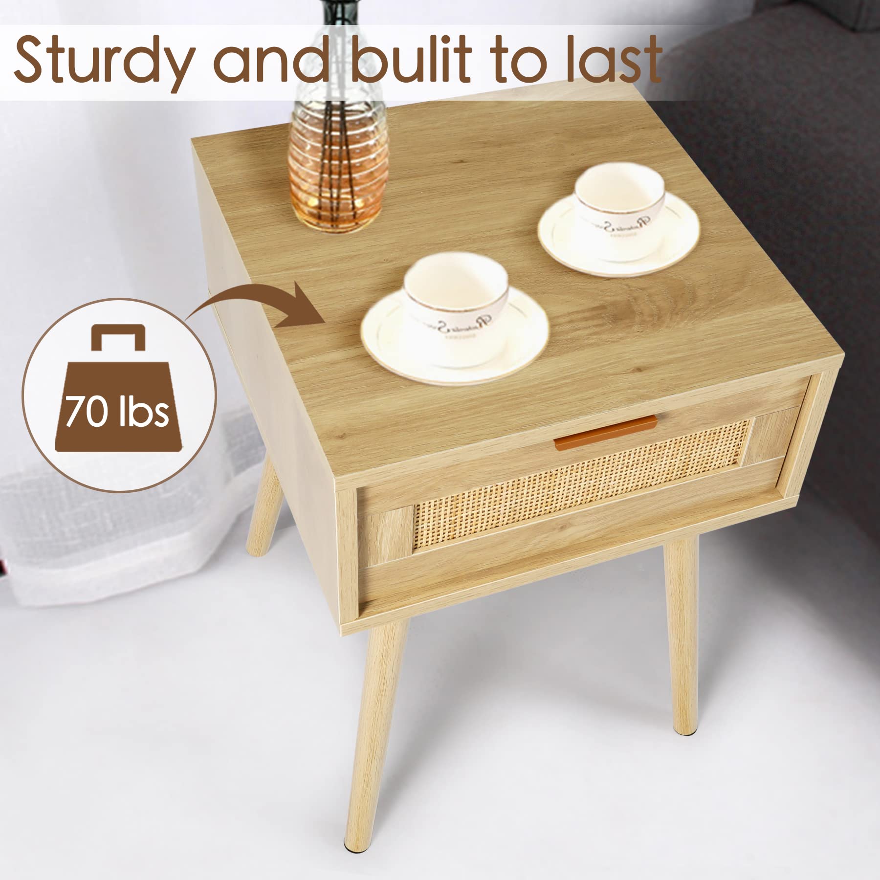 LAZZO Set of 2 Wooden Nightstands with Rattan Weaving Drawers - Modern Bedside Tables for Bedroom Storage, Night Stands with Drawer Organizer - Perfect for Small Spaces, Guest Rooms & Apartment Living (Set of 2)