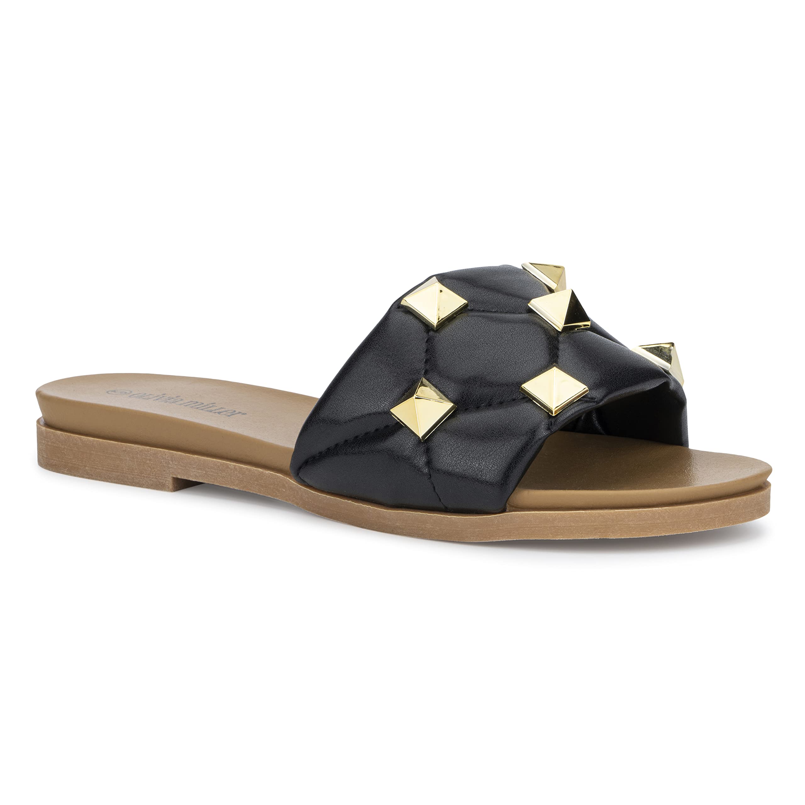 Olivia Miller Women's Fashion Slide Sandals - Emma Quilted Gold Studded Wide Strap Open Toe Casual Summer Shoes | Perfect for Beach, Poolside & Everyday Wear