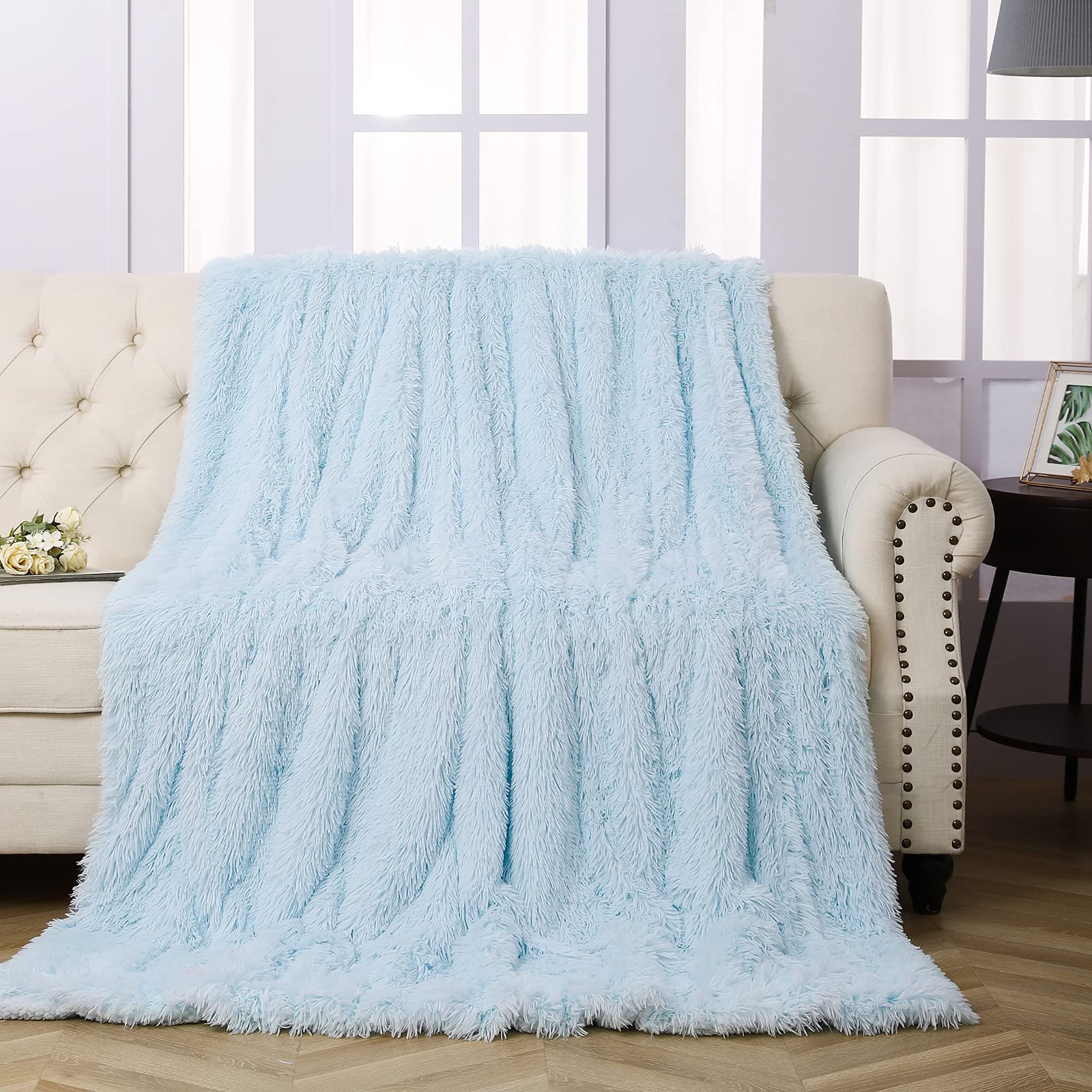 Premium Faux Fur Throw Blanket - Ultra Soft Lightweight Shaggy Plush Blanket for Couch, Bed & Chair - Warm Cozy Fluffy Decorative Blanket for Living Room, Bedroom & Office (Light Blue, 51