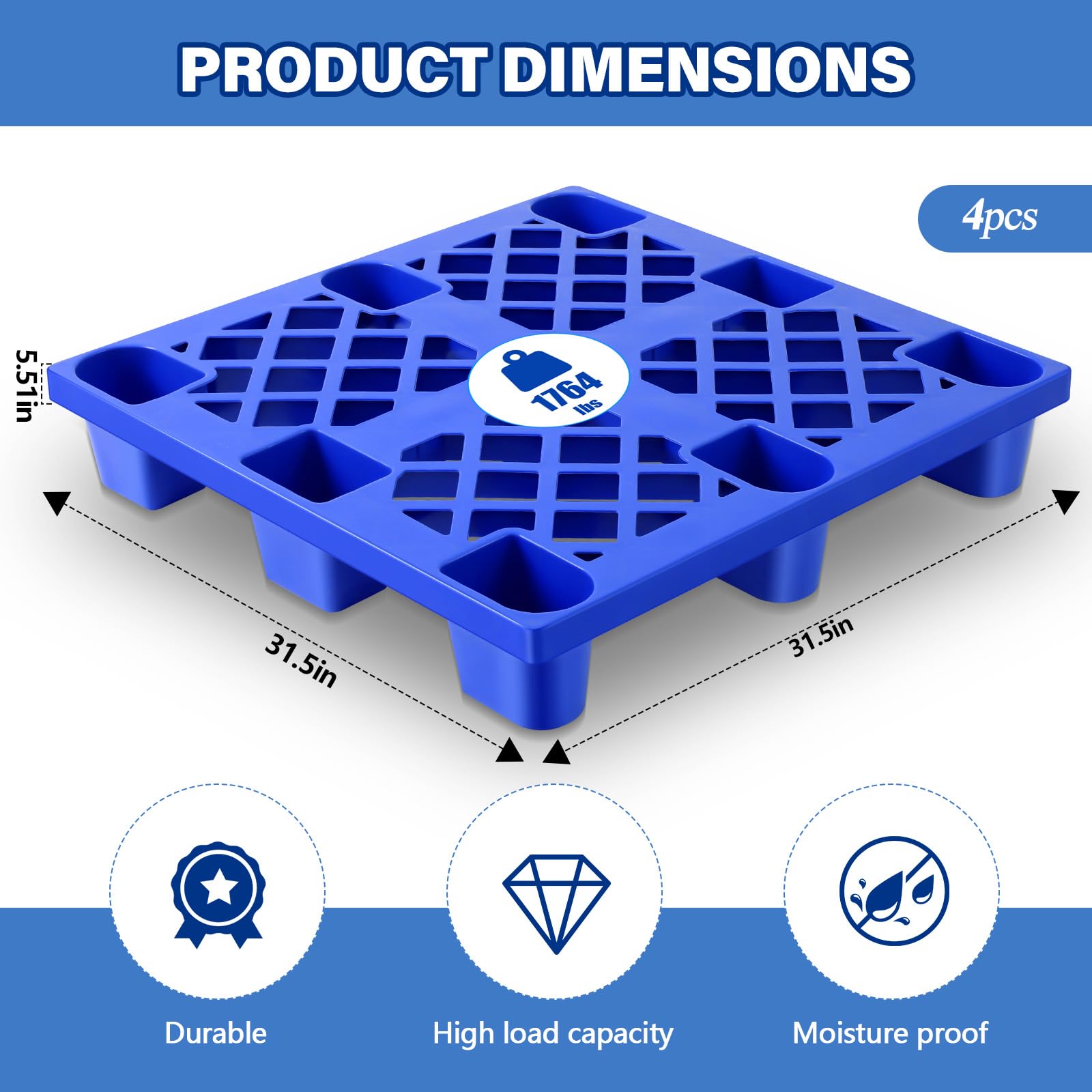 4-Pack Heavy Duty Plastic Pallet Grid Pads – 1764 Lbs Capacity, Waterproof & Lightweight – 31.5