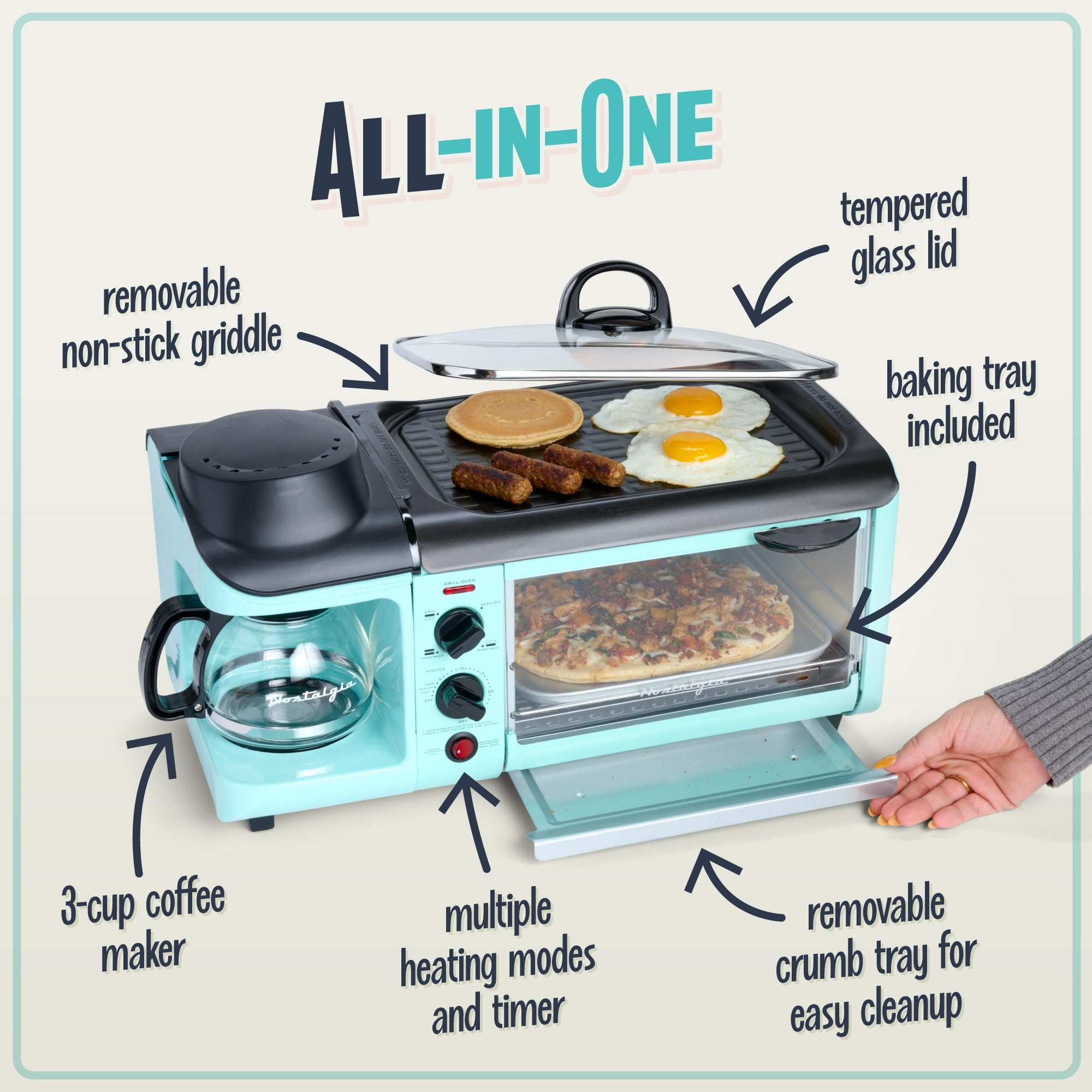 Nostalgia 3-in-1 Breakfast Station with Coffee Maker, Non-Stick Griddle & 4-Slice Toaster Oven | Versatile Breakfast Maker with Timer | Perfect for Small Kitchens, Dorms & RV Living | Aqua