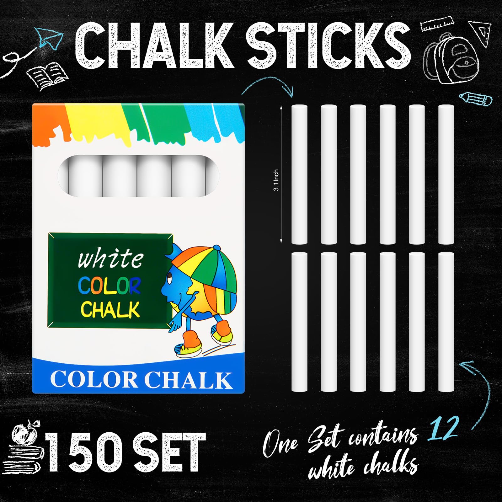 Yeaqee 1800-Piece Dustless White Chalk Bulk Pack - Non-Toxic Chalkboard Chalk for Classroom, Office & Home - Ideal for Teachers, Kids & School Supplies | Perfect for Blackboards, Sidewalks & Educational Activities