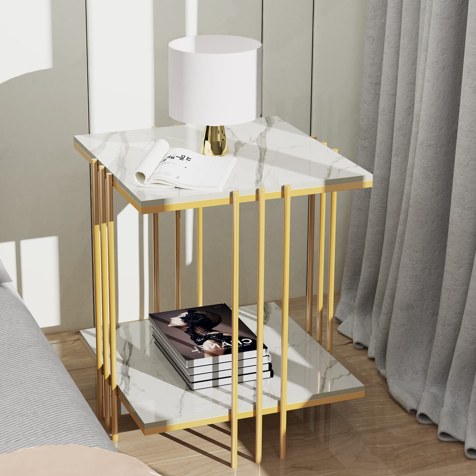 Wisfor Sintered Stone End Table - 2 Tier Square White Sofa Side Table with Golden Frame - Modern Small Coffee Table & Bedside Nightstand for Living Room, Bedroom - Perfect for Coffee, Books & Decor Display