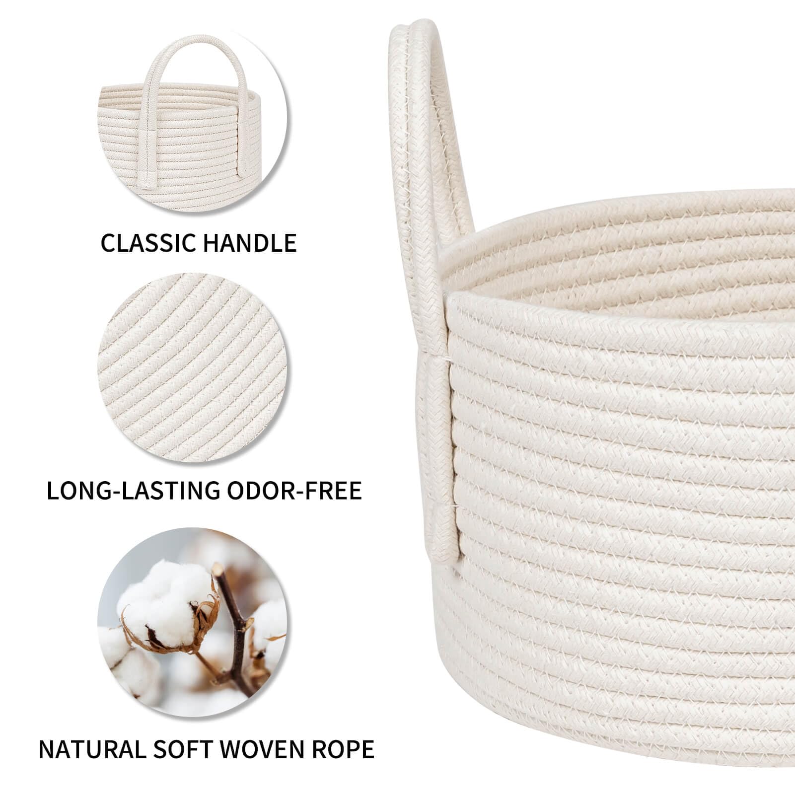 CubesLand Small White Woven Storage Baskets Set - 9.5x5.5 Inch Decorative Organizer Bins for Nursery, Baby Room, Pet Toys, Closet & Shelf Organization - Perfect for Halloween, Christmas Gift Baskets & Home Decor