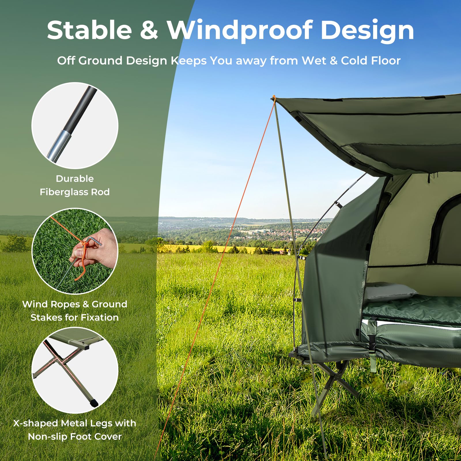 GYMAX 5-in-1 Tent Cot with Mattress & Pillows - Portable Folding Camping Bed with Sunshade, Sleeping Bags & Carrying Bag - Perfect for Outdoor Adventures, Hiking, Fishing, Picnics & Backyard Camping