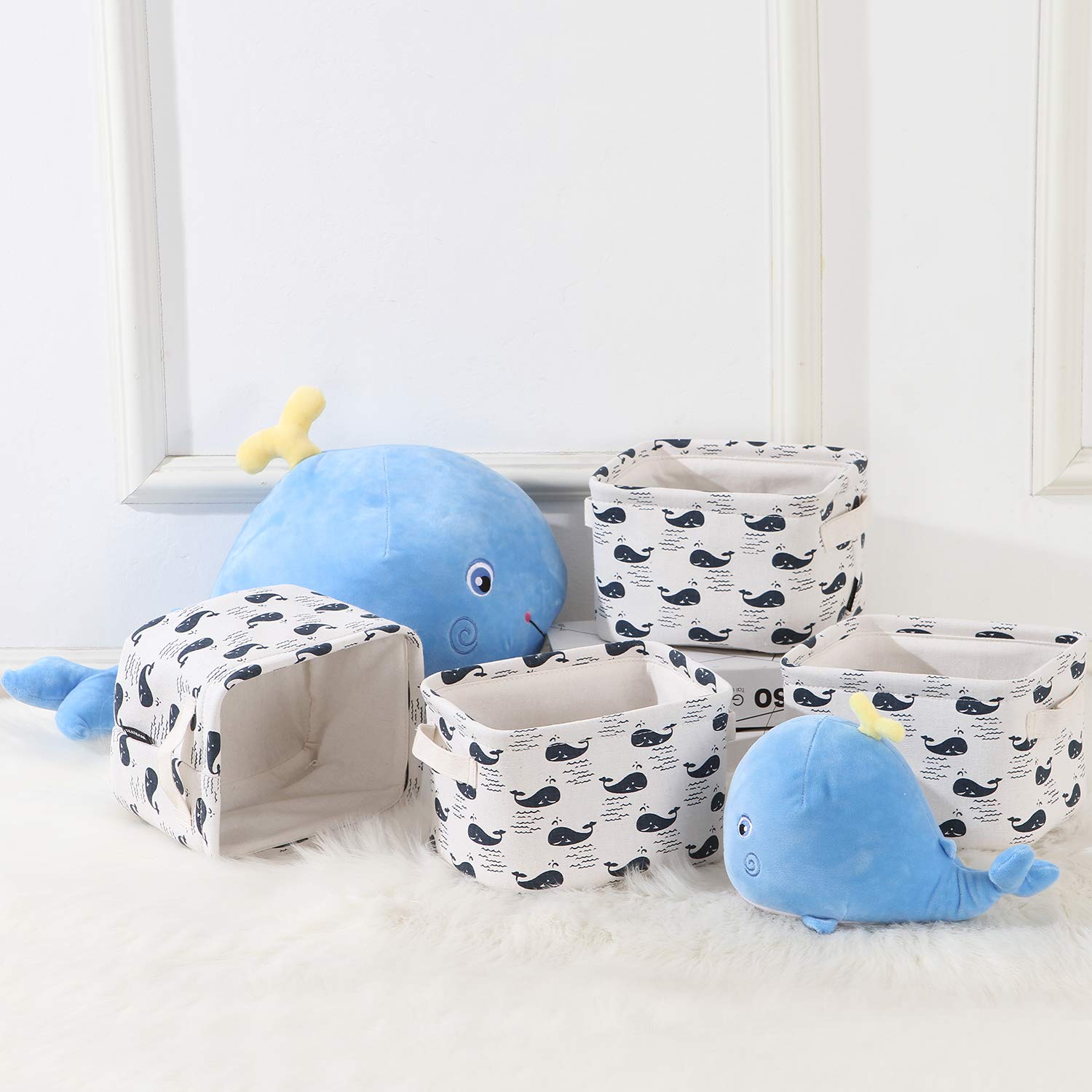 Sea Team Collapsible Square Mini Canvas Storage Bins - Set of 4 (Whale) | Foldable Fabric Organizer Baskets for Nursery, Kids Room, Closet & Office | Space-Saving Home Organization Solution
