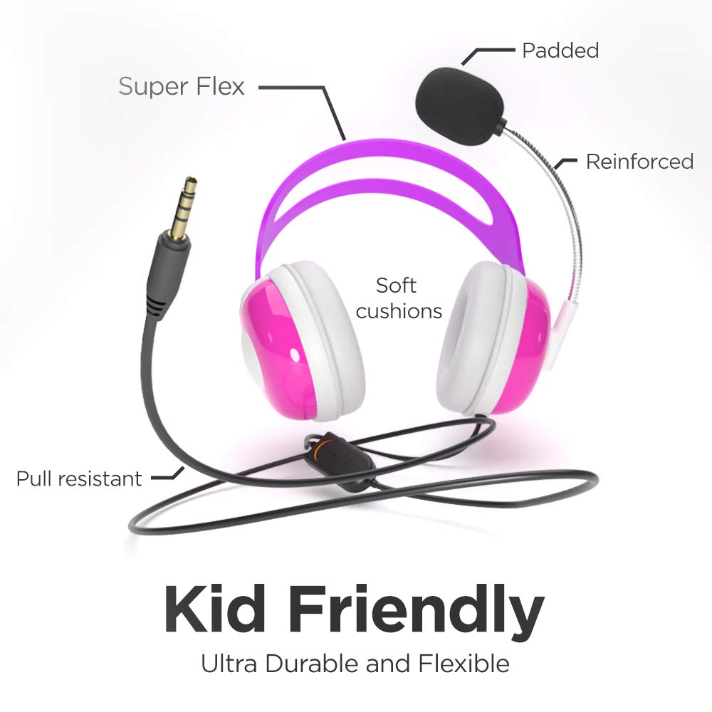 Thore Kids Headphones with Microphone - Over Ear Headset with Boom Mic & Volume Control for Girls - Pink Wireless Headphones for Online School, Gaming, and Remote Learning