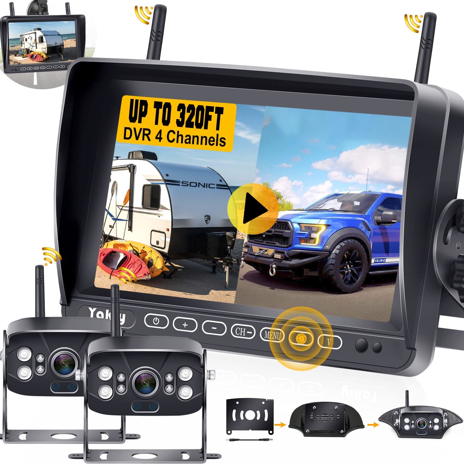 Yakry Y28-36 RV Backup Camera System - Wireless 1080P HD Recording with 7'' Touch Key Monitor, 2 Cameras, Night Vision & 4 Channels | Plug & Play Pre-Wired for Furrion System | Perfect for Trailers, Trucks & Motorhomes (Rear View Safety & Parking Assistance)