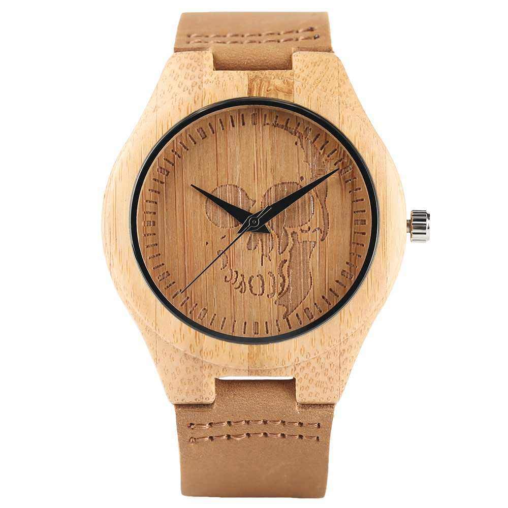 PLUIEX Wooden Skull Watch for Men - Bamboo & Leather Quartz Wristwatch with Moose/Deer Head Dial, Stylish Casual Wooden Watch for Outdoor Adventures and Gift Giving